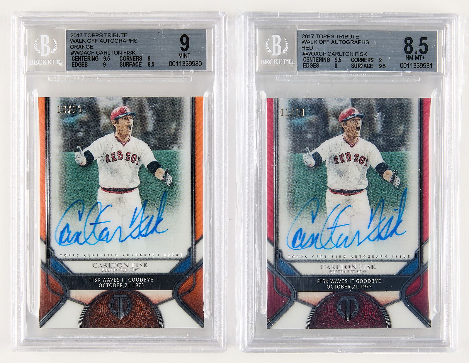 2 Topps Tribute Walk Off Auto Carlton Fisk BGS: Group of two Topps Tribute Walk Off autograph baseball cards for Carlton Fisk. Including: Red, numbered 1/10; BGS: 0011339981, total grade 8.5; Centering 9.5, Corners 9, Edges 8, Surface 9.5,