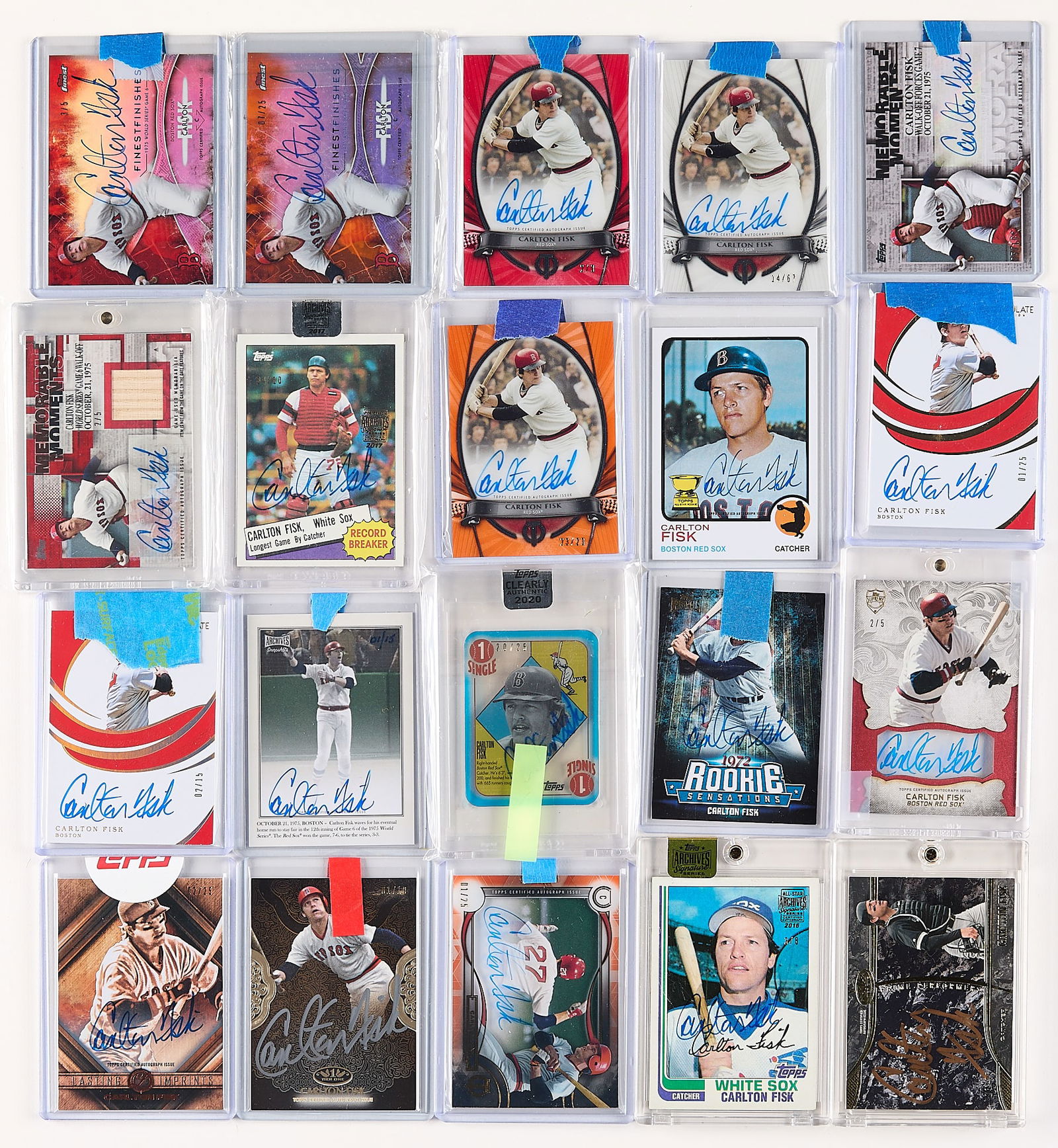 19 Carlton Fisk Signed Baseball Cards: Group of 19 Carlton Fisk autographed baseball cards. Including:1982 Topps Chewing Gum 2016 Archives Signatures Series 3/8.1985 Topps Chewing Gum 2017 Archives Signatures Series 4/10.2015 Topps Supreme