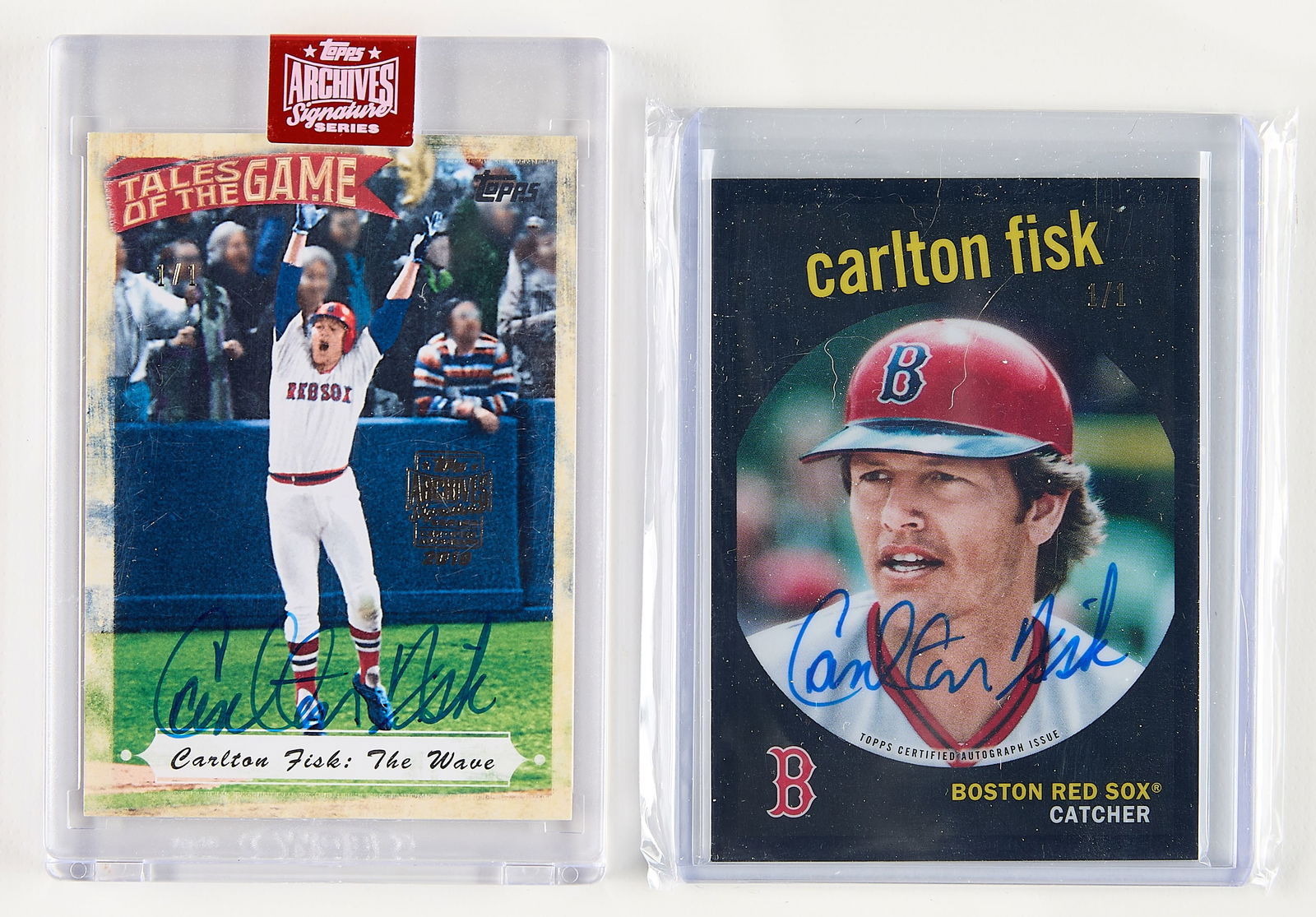 2 Topps Carlton Fisk Signed Cards 1/1: Group of two Topps Carlton Fisk autographed cards, both 1/1, including: 2021 Tribute 1959 collection #TTA-CF. 2010 Tales of the Game "The Wave" #TOG-13, 2019 archives signature series. (Case) height:
