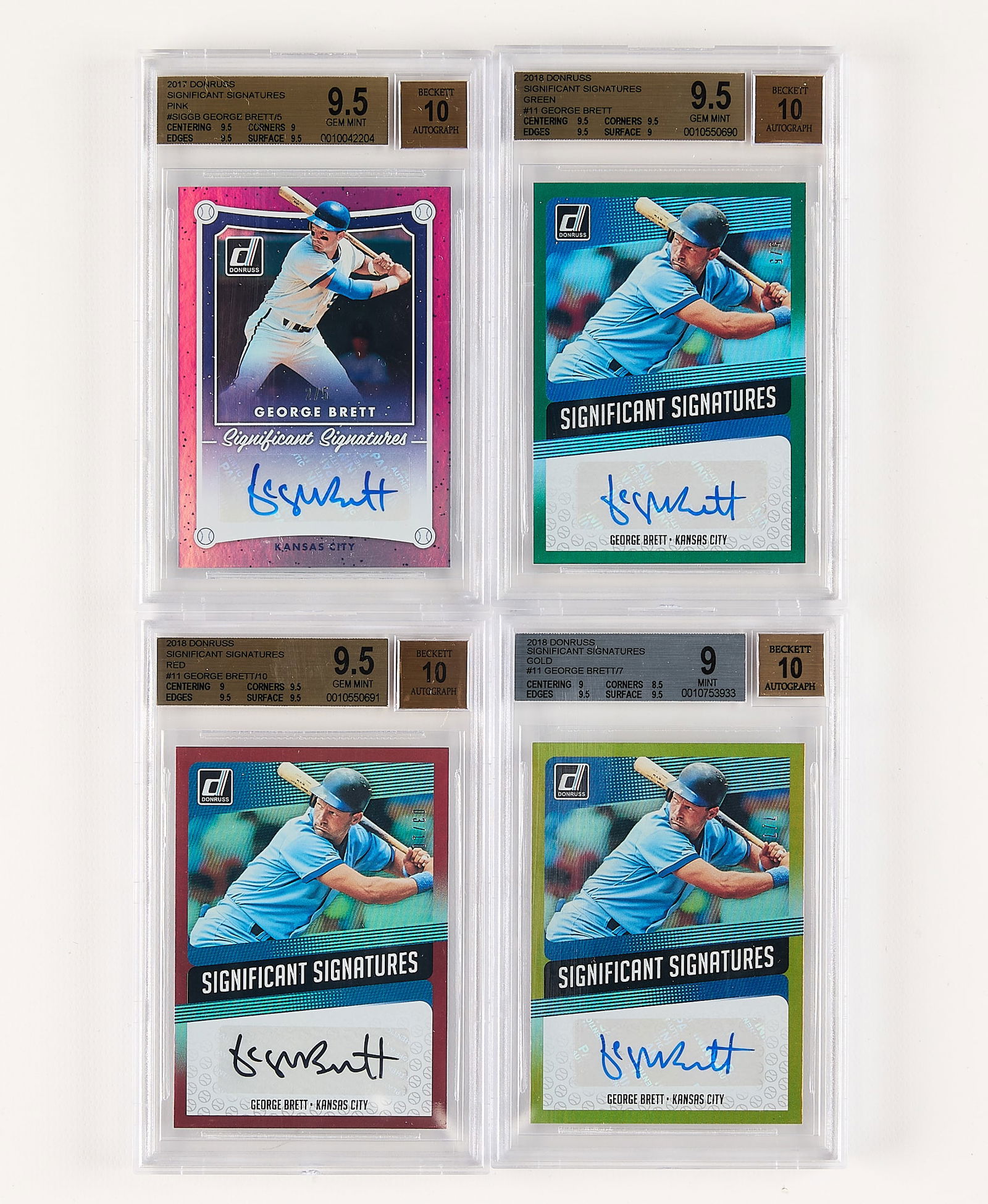 4 Donruss Sgnf. Sigs George Brett Auto BGS 9-10: Group of four Donruss Significant Signatures George Brett autographed baseball cards. Including: 2017 #SIGGB (BGS: 0010042204). 2018 #11 green 5/5 (BGS: 0010550690). 2018 #11 gold 7/7 (BGS: