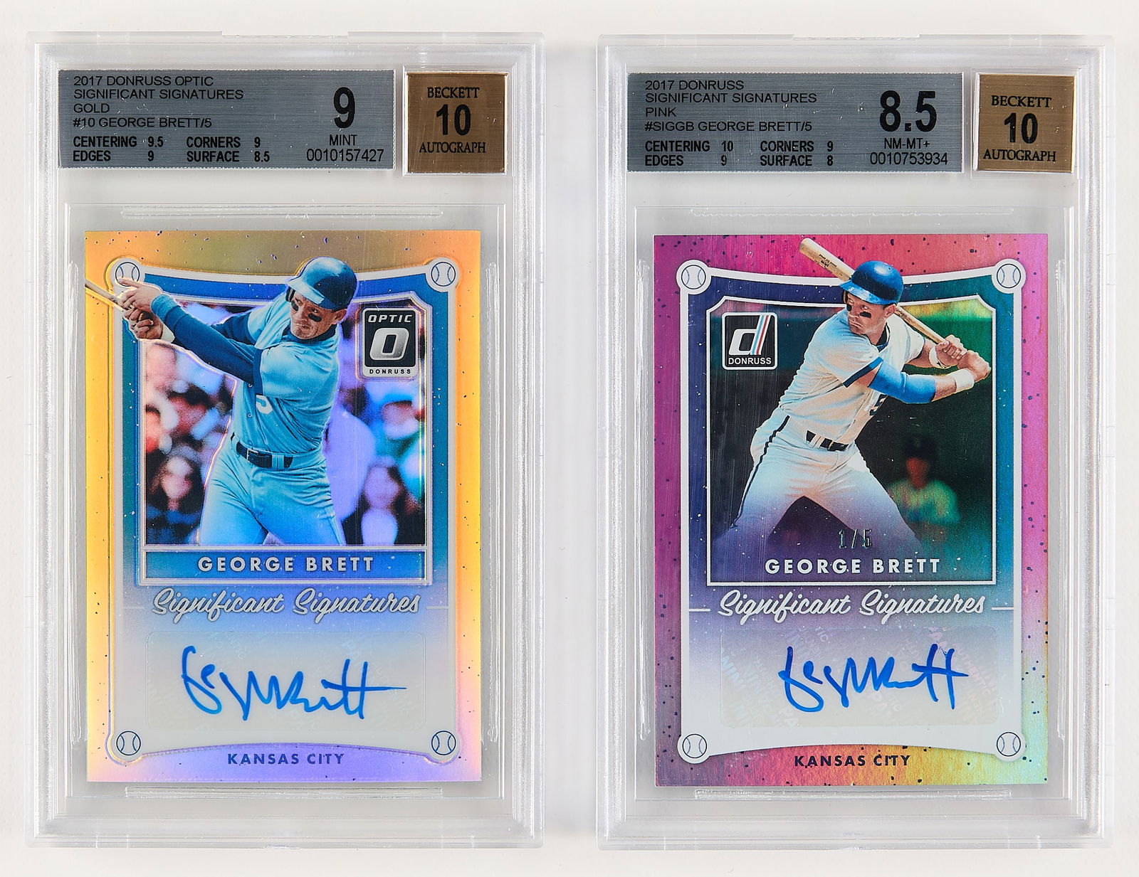 2 Donruss George Brett Lim.Ed. Auto BGS: Group of two 2017 Donruss Significant Signatures George Brett baseball cards. Including: #SIGGB, pink, 1/5 (BGS: NM-MT+ 8.5, Autograph 10, 0010753934). #10 optic gold, 5/5 (BGS: Mint 9, Autograph 10,