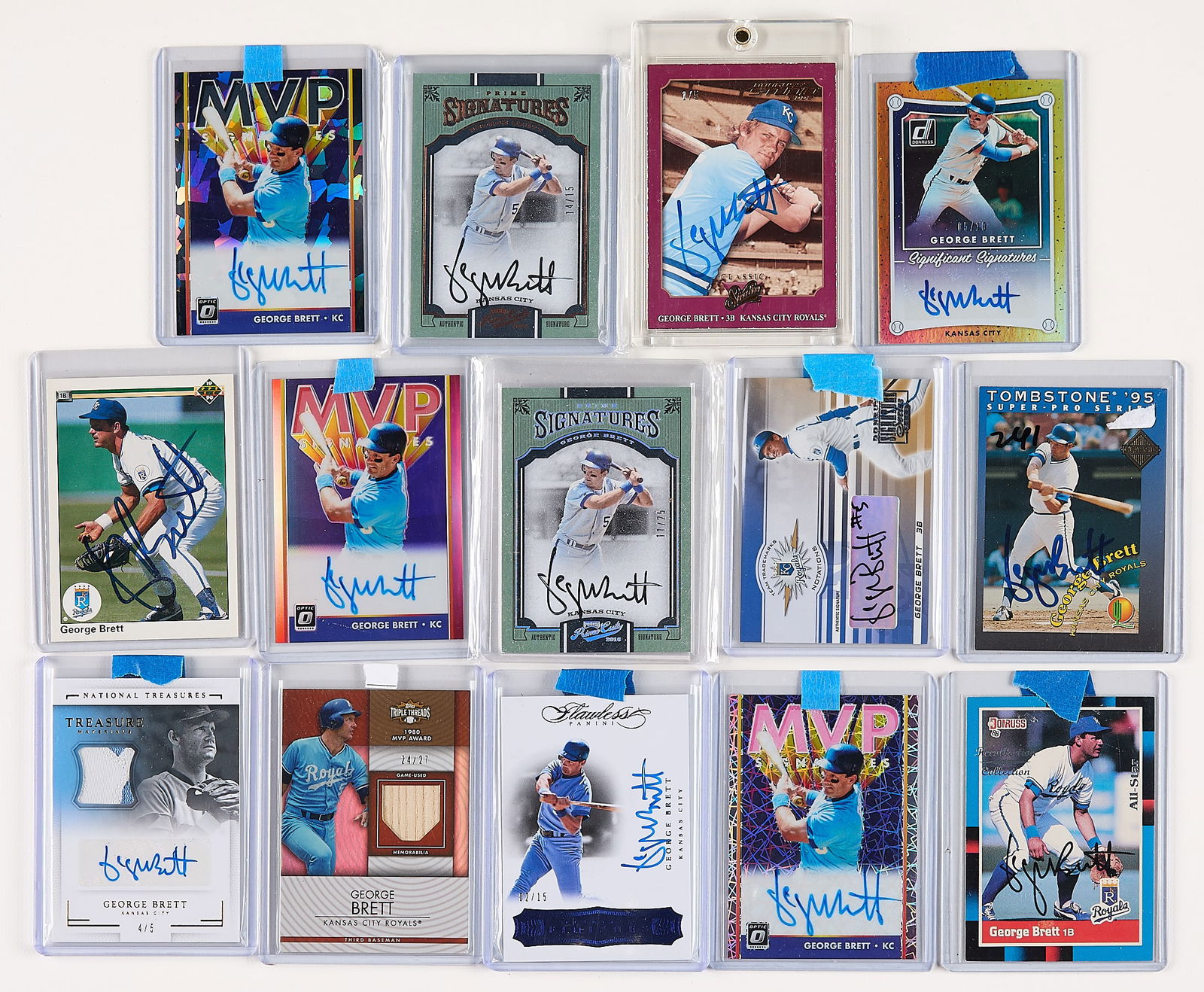 14 1988-2019 George Brett Auto/Patch Cards: Group of 14 George Brett autograph and/or patch relic baseball cards. Including:1988 Donruss All-Star Recollection Collection #102 1/1.1990 Upper Deck #124.1995 Tombstone Super-Pro Series 2/3.2002 Don