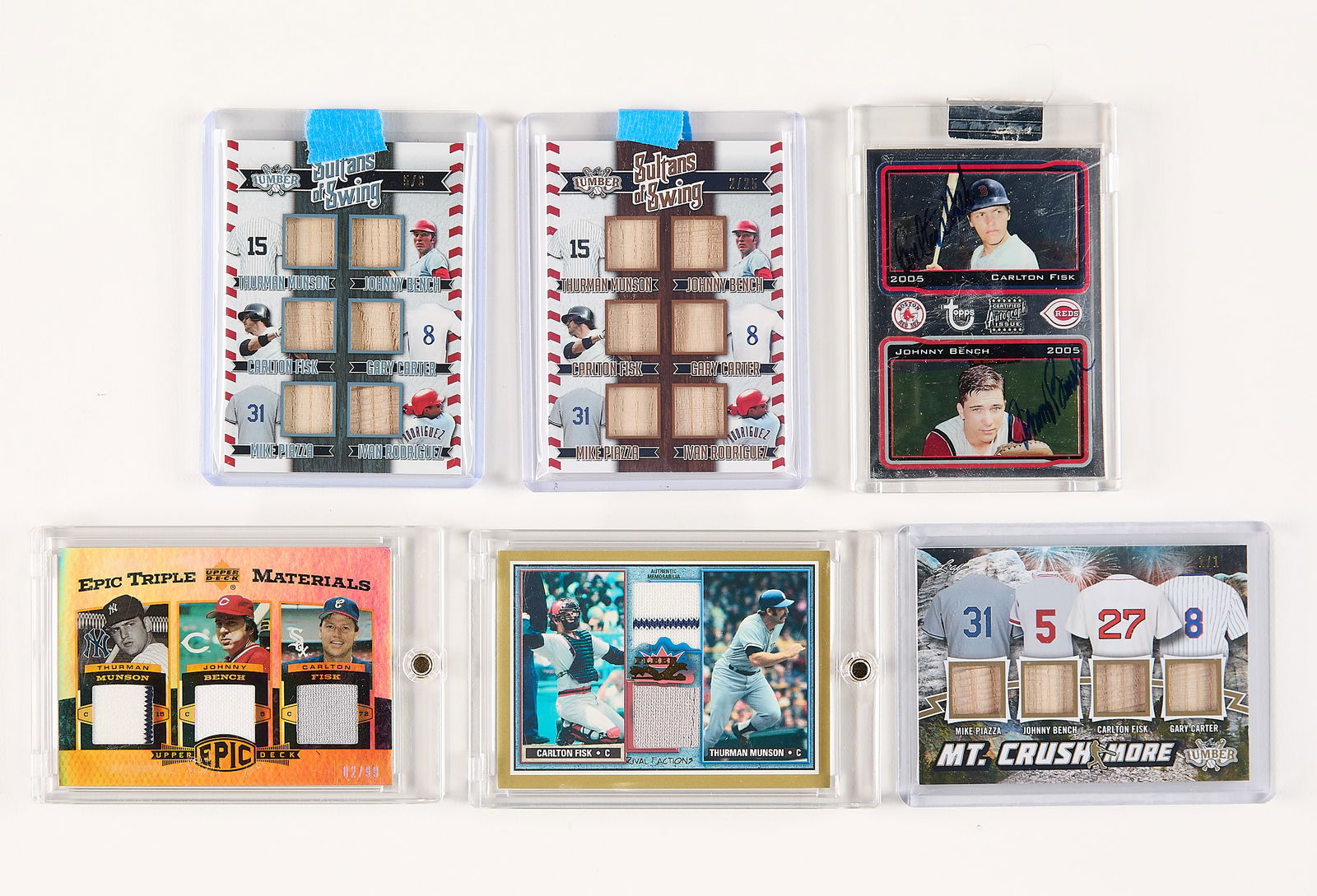 6 2002-22 Autograph/Relic Catcher Cards: Group of six autograph and/or relic baseball cards from famous catchers. Including:2002 Fleer Rival Factions #RFCF-TM Fisk/Munson.2005 Topps #CS-BF Co-signers Dual Autograph Fisk/Bench 14/49.2006 Uppe