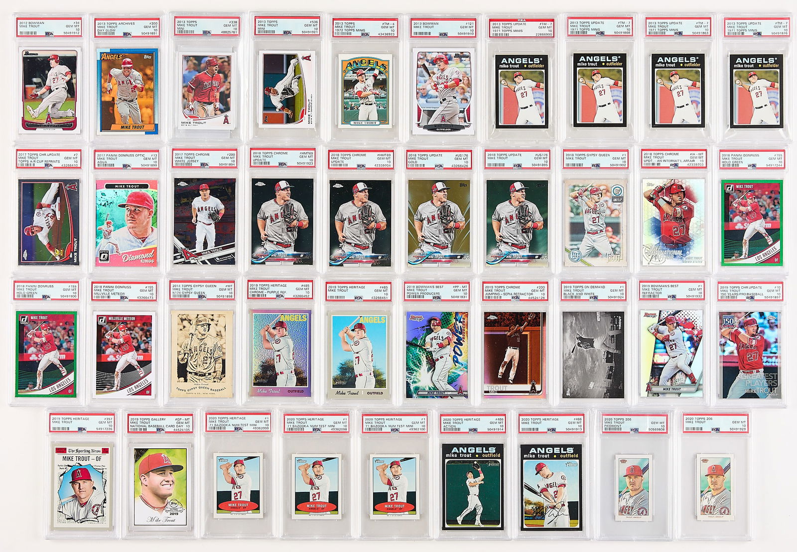 38 2012-20 Multi-brand Mike Trout PSA 10: Group of forty 2012-2020 Mike Trout PSA/DNA Gem Mint 10 graded baseball cards. Including:2012:Bowman #34 (50491912).2013:Topps Archives #200 Day Glow (50491891); Topps #338 mini (48825781); Topps #536