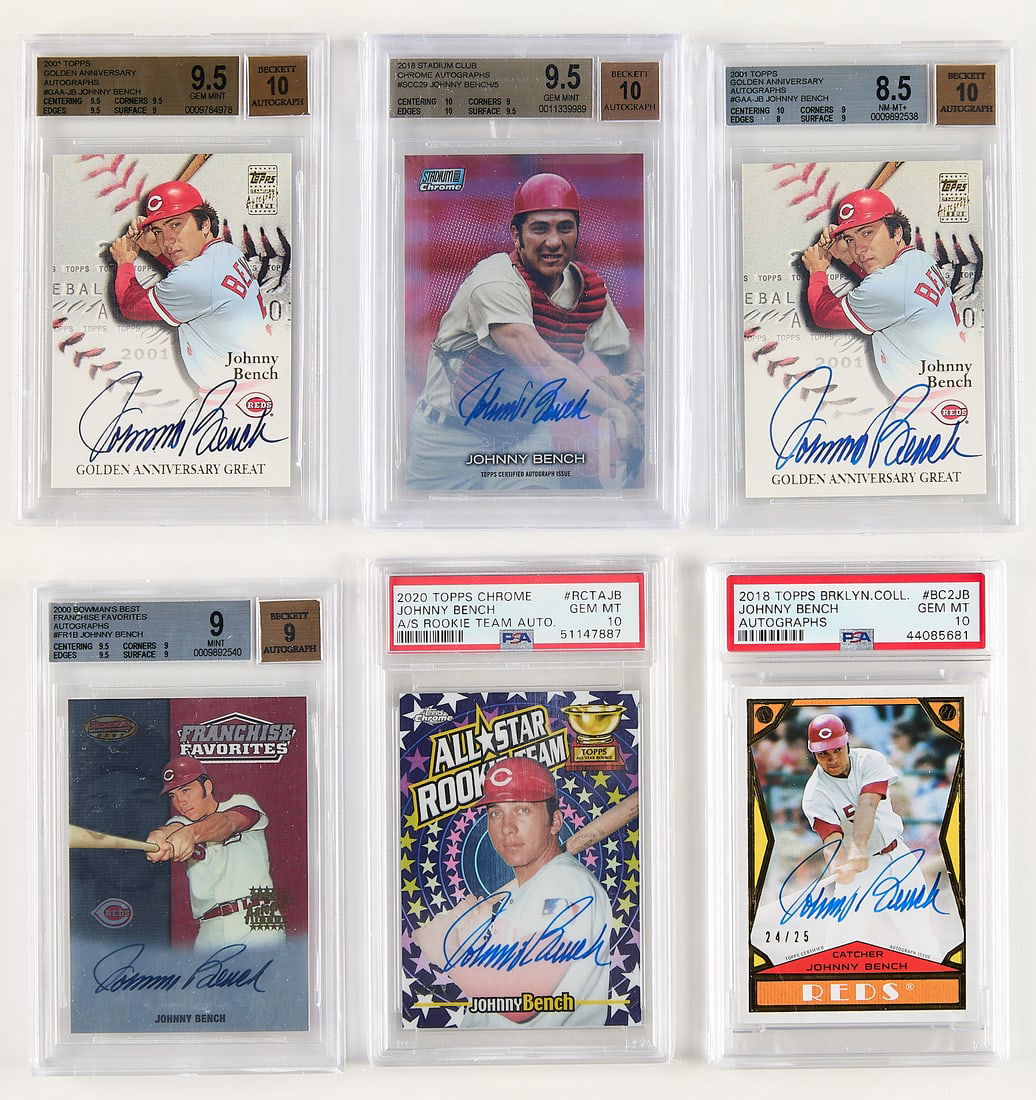 2000-20 Multi-brand Johnny Bench Auto Cards Graded: Group of six 2000-2020 Johnny Bench autographed baseball cards. Including:2000 Bowman's Best Franchise Favorites Autographs #FR1B (BGS: Mint 9, Autograph 9, 0009892540).2001 Topps Golden Anniversary A