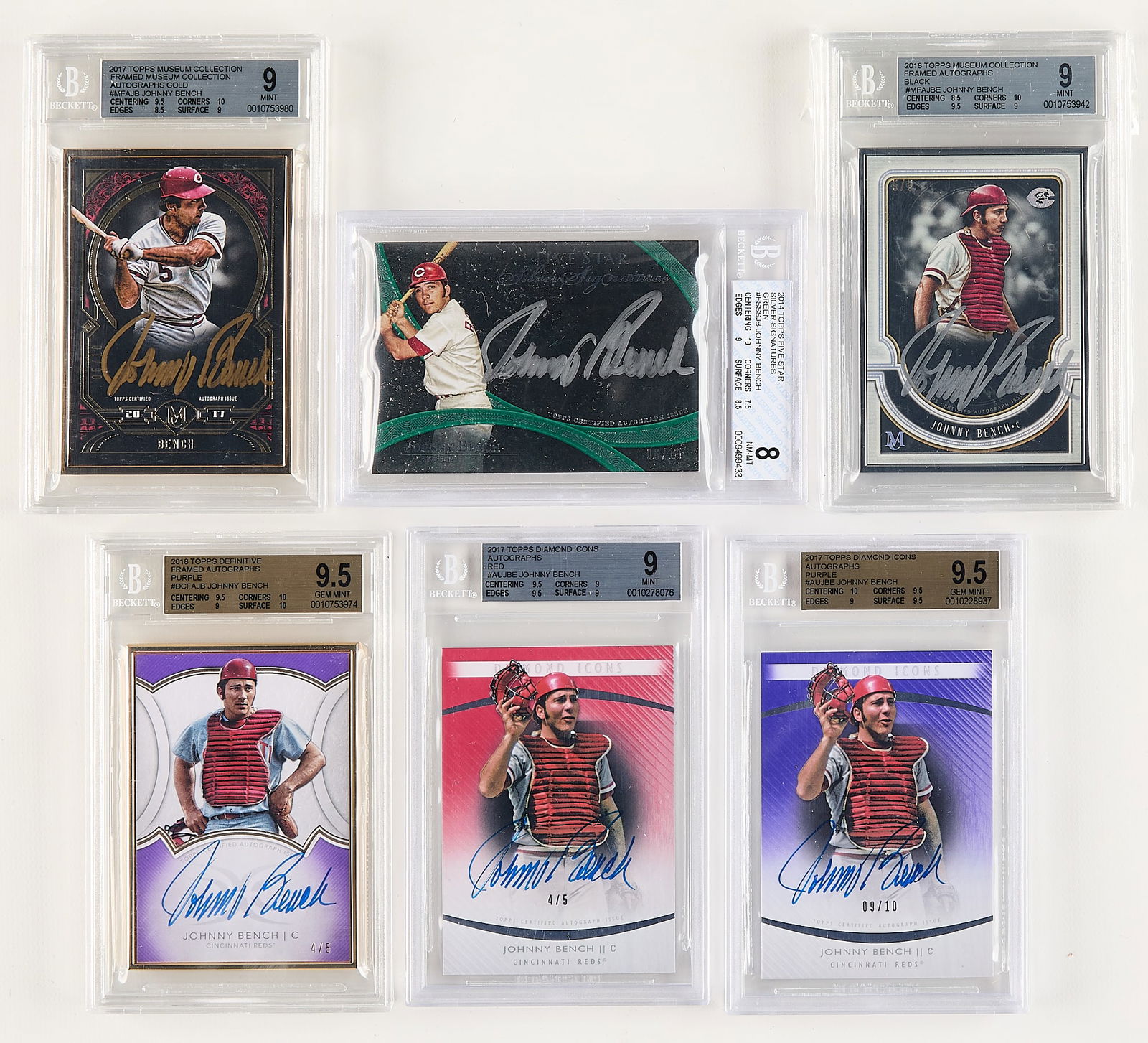 2014-17 Topps Johnny Bench Auto Cards BGS: Group of six Topps Johnny Bench autograph baseball cards, all graded by BGS. Including:2014 Five Star silver signatures green #FSSSJB 6/15 (NM-MT 8, Autograph 9, 0009499433).2017 Museum Collection Fra
