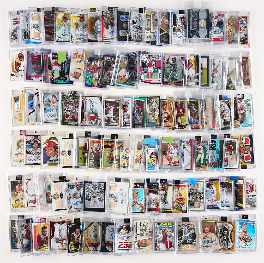 95 Johnny Bench 1/1 Autograph/Relic Baseball Cards: Group of Johnny Bench autographed or relic cards, all 1/1. Total of 95 cards.(Shipping) height: 6 in x width: 10 in x depth: 10 in.