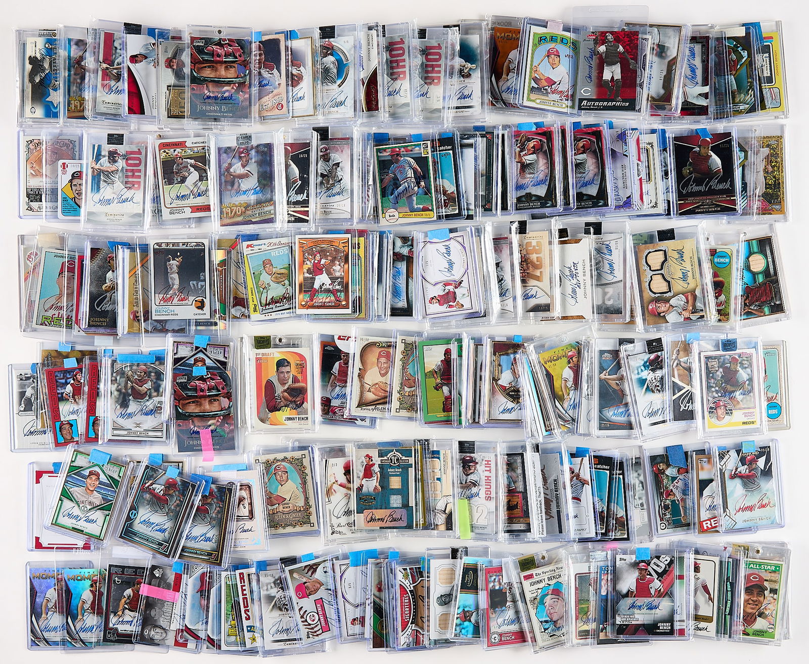 160 Johnny Bench Autograph/Relic Baseball Cards: Total of 160 Johnny Bench autographed and/or relic cards including bats, patches, and more.(Shipping) height: 6 in x width: 10 in x depth: 10 in.