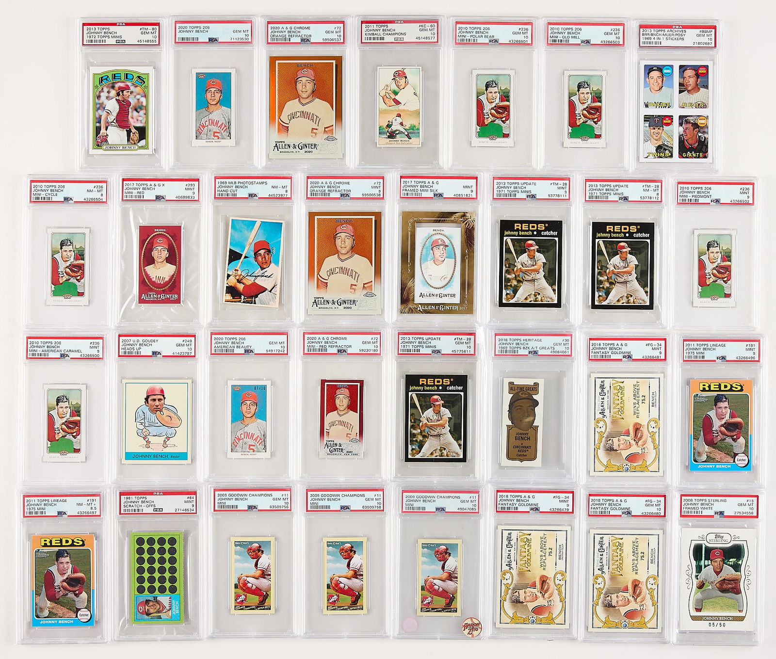 31 Graded Johnny Bench Cards Incl. Minis: Group of 31 Johnny Bench PSA/DNA graded, many mini cards. Including:(PSA/DNA 10): 2007 Upper Deck #249 Goudey Heads Up (41423787); 2008 Topps Sterling #15 framed white 5/50 (27534558); 2009 Goodwin Ch