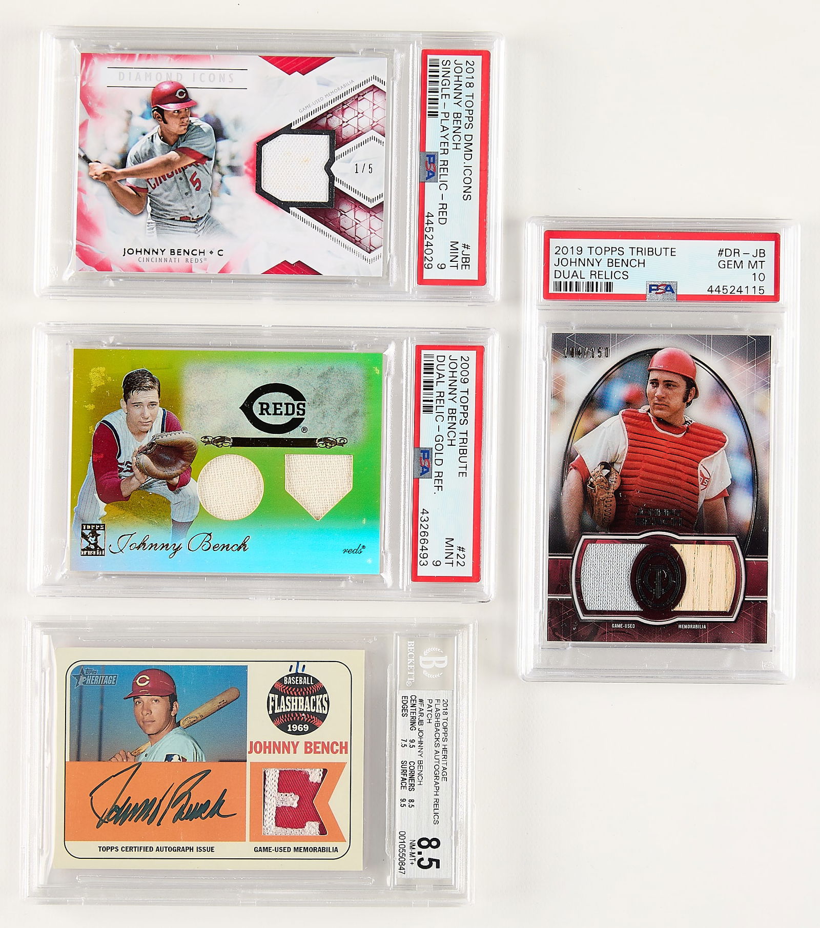 4 Topps Johnny Bench Relic/Auto/Patch Cards: Group of four Topps relic patch and/or autographed baseball cards. Including:2009 Tribute #22 Johnny Bench dual relic gold refractor 5/25 (PSA/DNA: Mint 9, 43266493)2018 Diamond Icons Single-Player Re