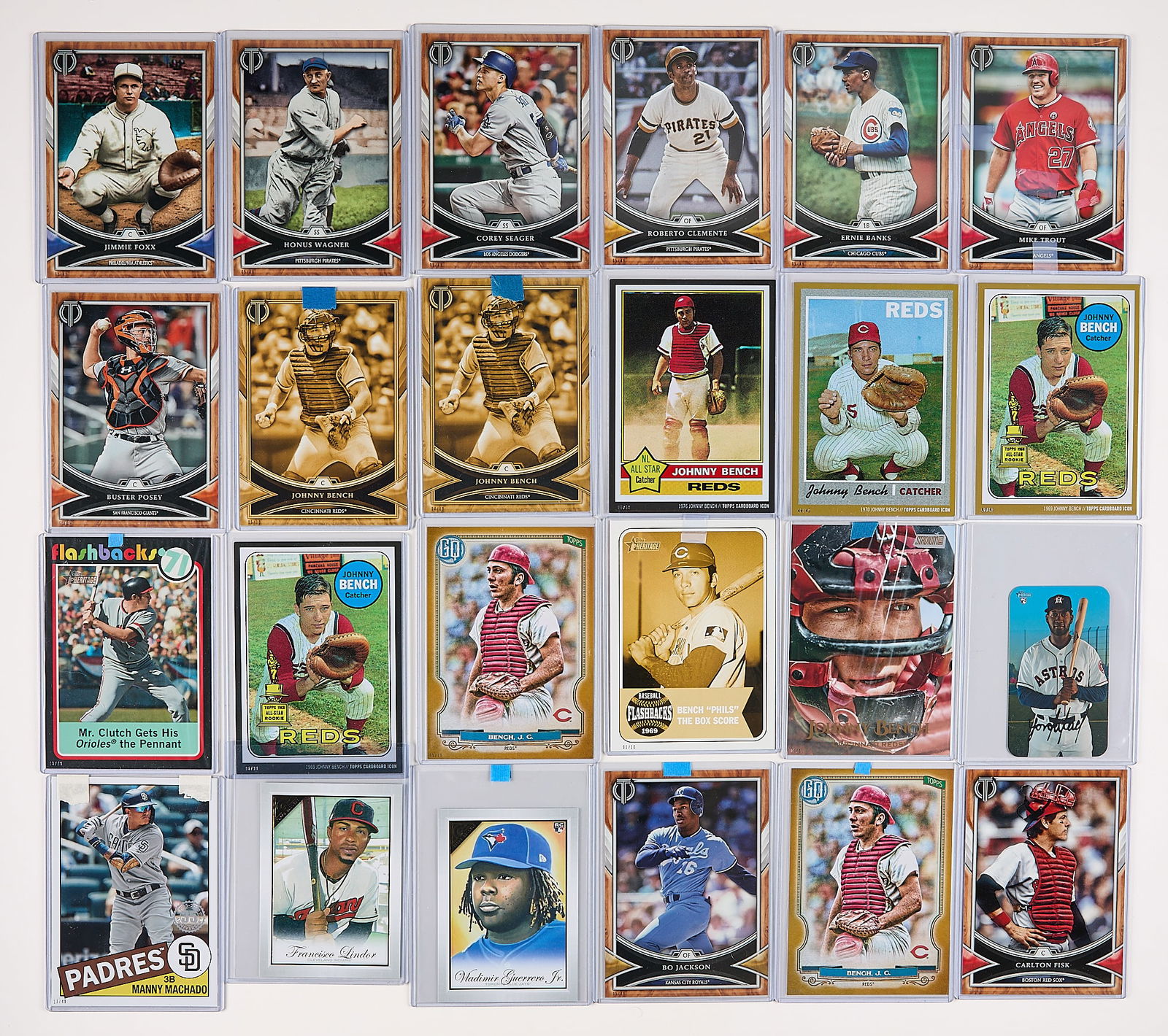 40 Oversize Cards Incl. Trout, Bench, Machado, Etc: Group of 40 oversized baseball cards. Including: 2018 Topps Tribute: #1 Mike Trout 5/49; #8 Roberto Clemente 5/49; #9 Buster Posey 5/49; #10 Ernie Banks 5/49; #12 Corey Seager 5/49; #14 Bo Jackson 5/4