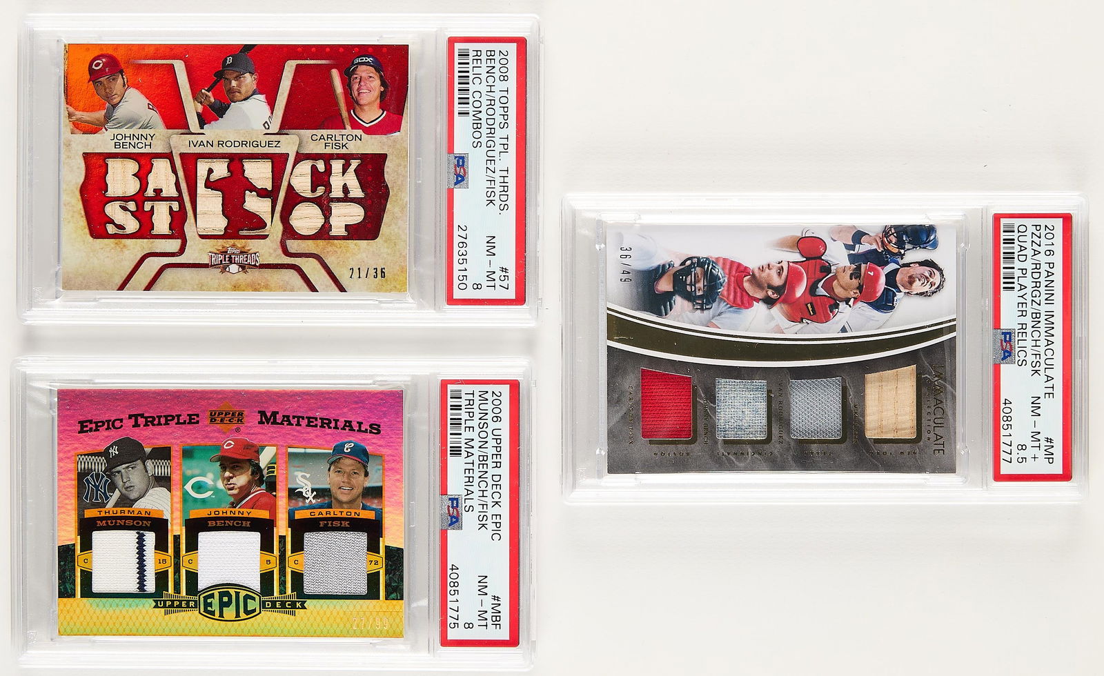 3 Relics Cards Bench Rodriguez Fisk Munson Piazza: Group of three relics/patch baseball cards, all graded by PSA/DNA. Including:2008 Topps Triple Threads Relic Combos #57 Bench/Rodriguez/Fisk Relic Combos (NM-MT 8, 27635150).2016 Panini Immaculate Qua
