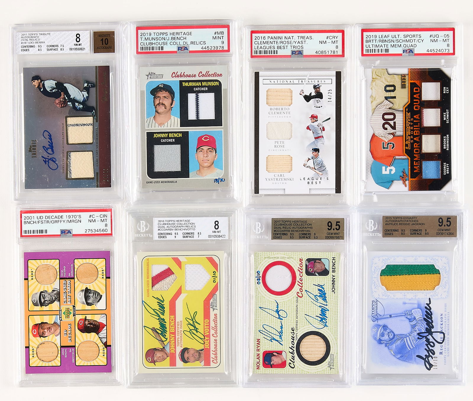8 Graded Auto Relic Cards Incl. Bench, Berra, Rose: Group of eight autograph or relic baseball cards. Including:2001 UD Decade 1970s #C-CIN Bench/Griffey/Morgan/Foster (PSA/DNA: NM-MT 8, 27534560)2011 Topps Tribute Autograph dual relics #YB Yogi Berra