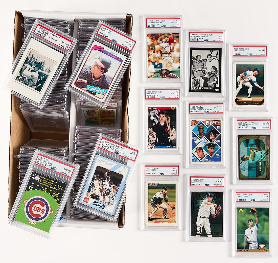 Approx. 100 1980-90s Multibrand PSA Graded Cards: Approximately one hundred 1980s to 1990s PSA/DNA graded baseball cards. Including brands like Topps, Donruss, Kellogg's, O-Pee-Chee, and others. Names including Johnny Bench, Derek Jeter, Ken Griffey