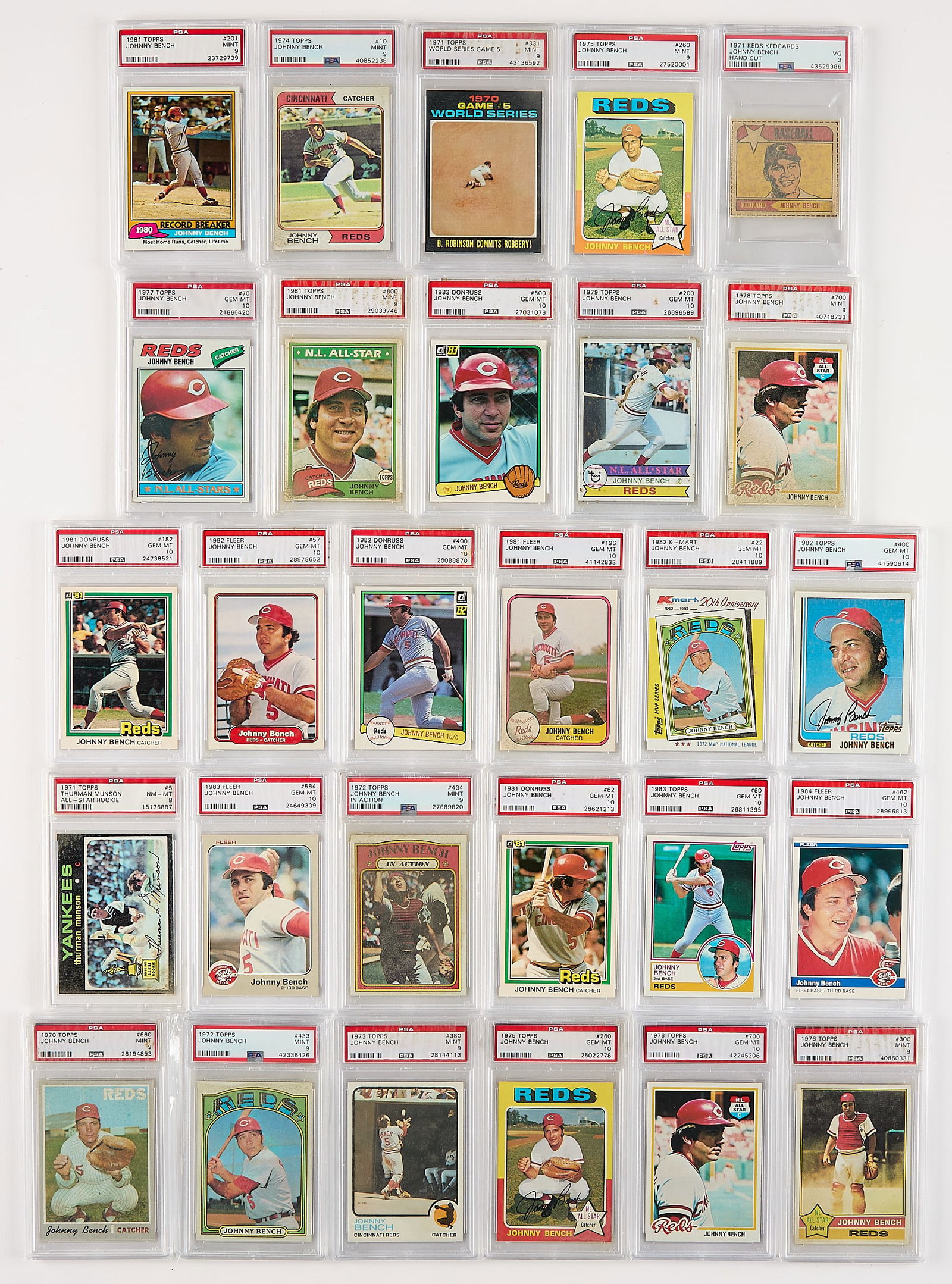 28 HOF Cards Incl. Bench & Munson - Damaged: Group of 28 baseball cards depicting hall of famers. These cards have all sustained environmental damage and are offered without guarantee of grade, despite having been previously graded by PSA/DNA. C