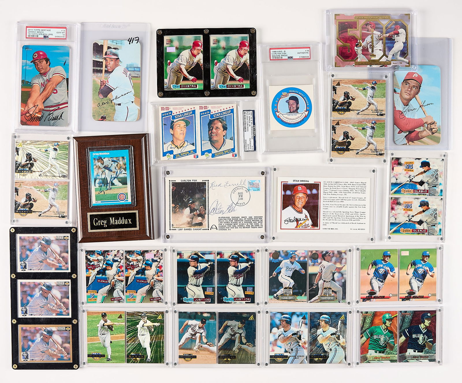 Group Oversized Baseball Cards & Ephemera: Group of baseball trading cards, most oversized or in frames. Including George Brett, Len Dykstra, Cal Ripken Jr., Rod Carew, Johnny Bench, Alex Johnson, Stan Musial, and many more. Including