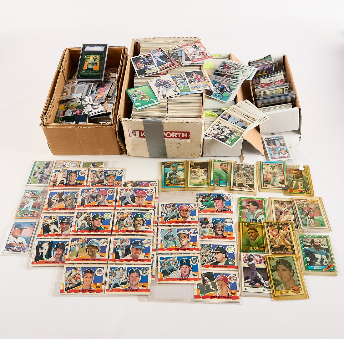 Lrg Collection Assorted Sports Trading Cards: Large assorted collection of collectible sports trading cards related to football, basketball, baseball, and NASCAR. (Shipping dimensions) Height: 8 in x width: 14 in x depth: 15 in.