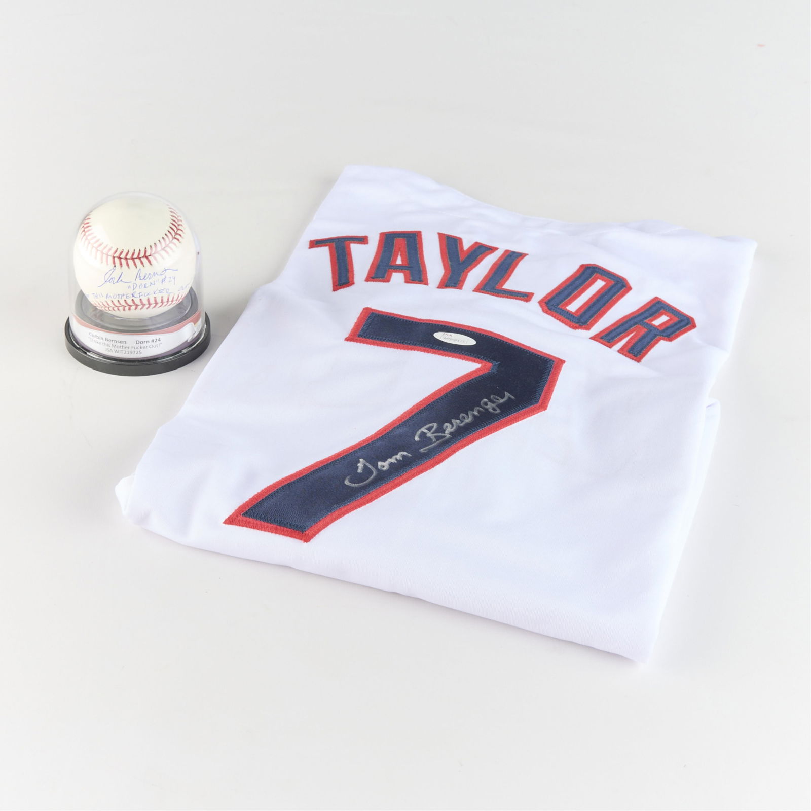 Berenger/Bernsen Major League Signed Jersey & Ball: Tom Berenger autographed jersey and Corbin Bernsen autographed baseball. Tom Berenger played Jake Taylor and Corbin Bernsen played Roger Dorn in the film Major League (1989). Jersey signed in silver