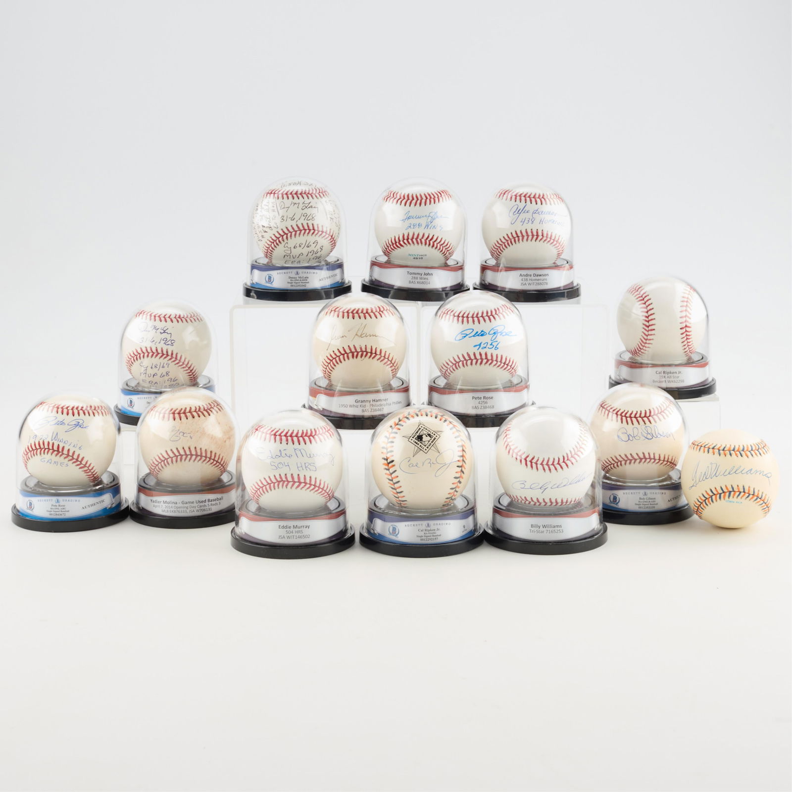 14 HOF Signed Baseball Incl. Molina Ripken Murray: Group of 14 autographed baseballs including hall of famers and others: Andre Dawson (JSA: WIT288078); Tommy John (BAS: X68014); Cal Ripkin Jr. (Beckett: WK62298); Billy Williams (Tri-Star: 7165253);