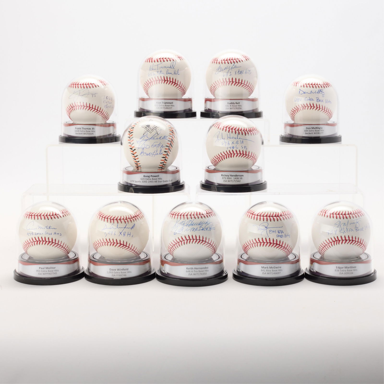 11 Signed Extra Base Hits Baseballs: Group of 11 autographed extra base hit baseballs. Including:Keith Hernandez (JSA: WIT174350), Dave Winfield (JSA: FF88746), Paul Molitor (JSA: WPP907745), Alan Trammell (JSA: WIT146227), Don Mattingly