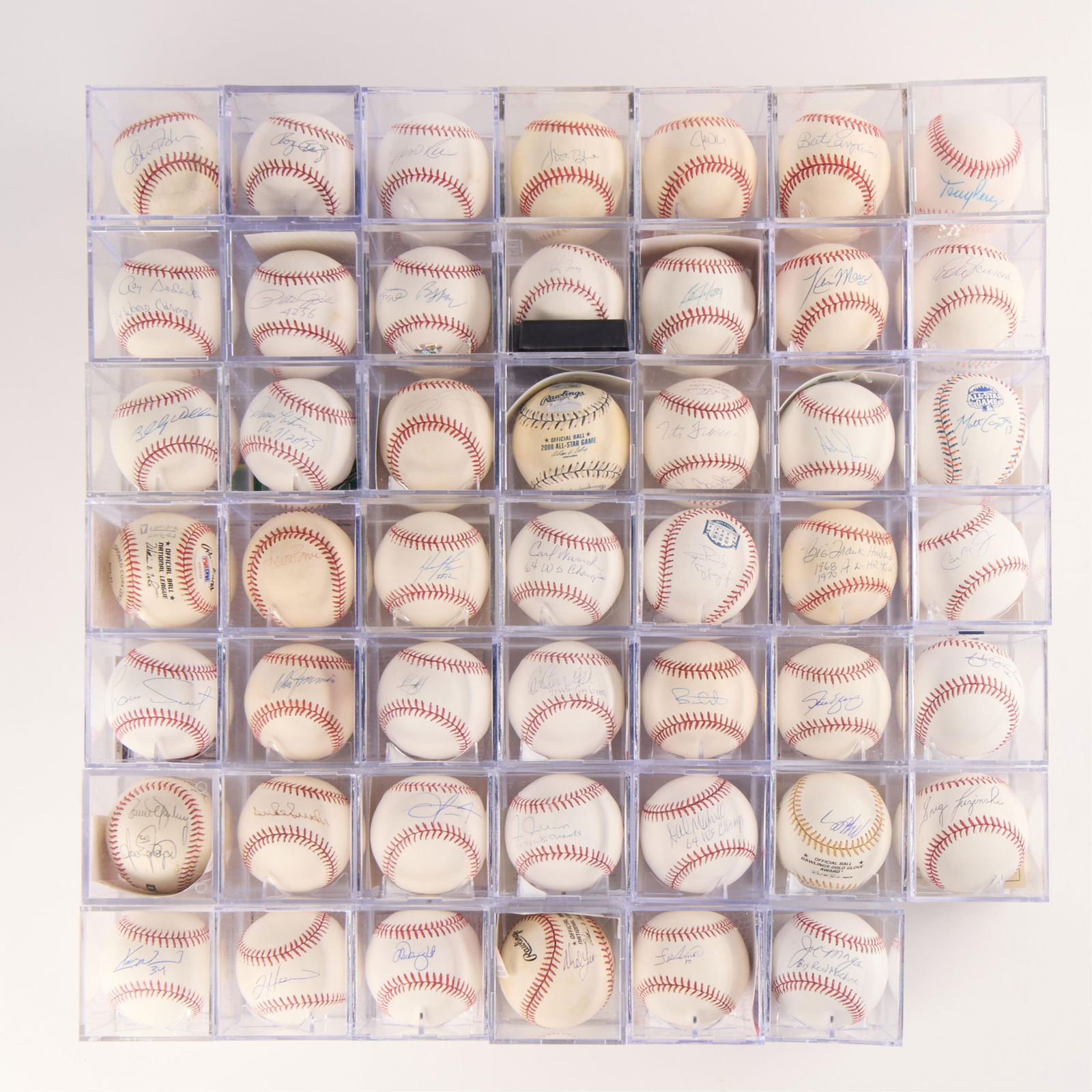 48 Autographed Baseballs - Many Authenticated: Tim Hudson (PSA: U85257), Adam Wainwright (PSA: W73989), Ned Yost (JSA: H82626), Francisco Liriano (PSA: R00585), Joe Morgan (JSA: U50517), Kerry Wood (PSA: T25469), Chris Chambliss (Steiner, MLB: