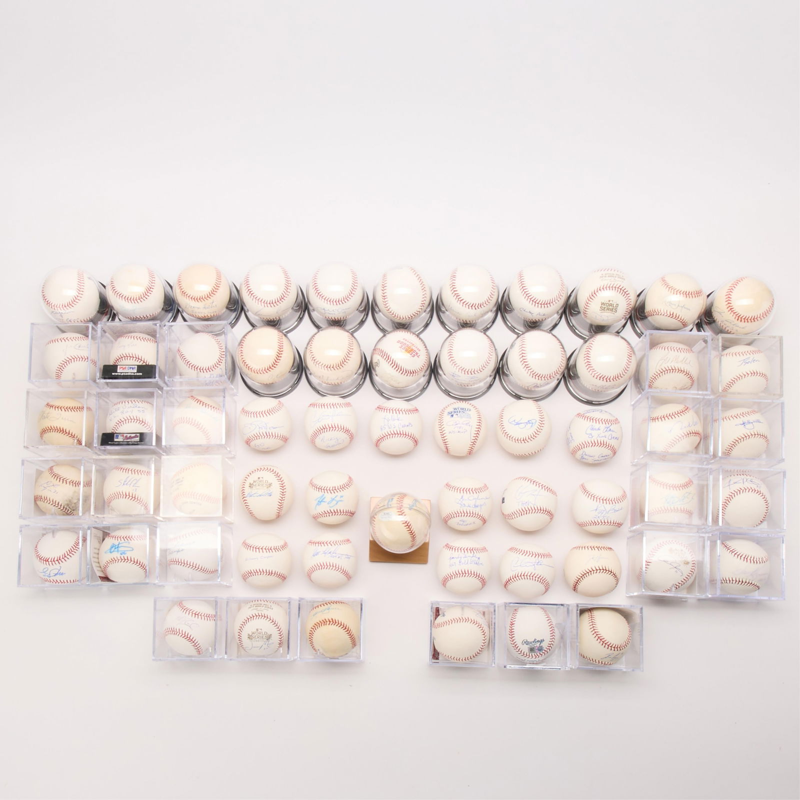 60 Signed Baseballs Buhrle, Costner & More: Large group of 60 autographed baseballs, some authenticated. Including: Carlos Martinez (JSA: I83282), Marco Gonzales (JSA: W697554), Dave Kragmam, Starlin Castro (PSA: P33996), Johnny Mize, Lance