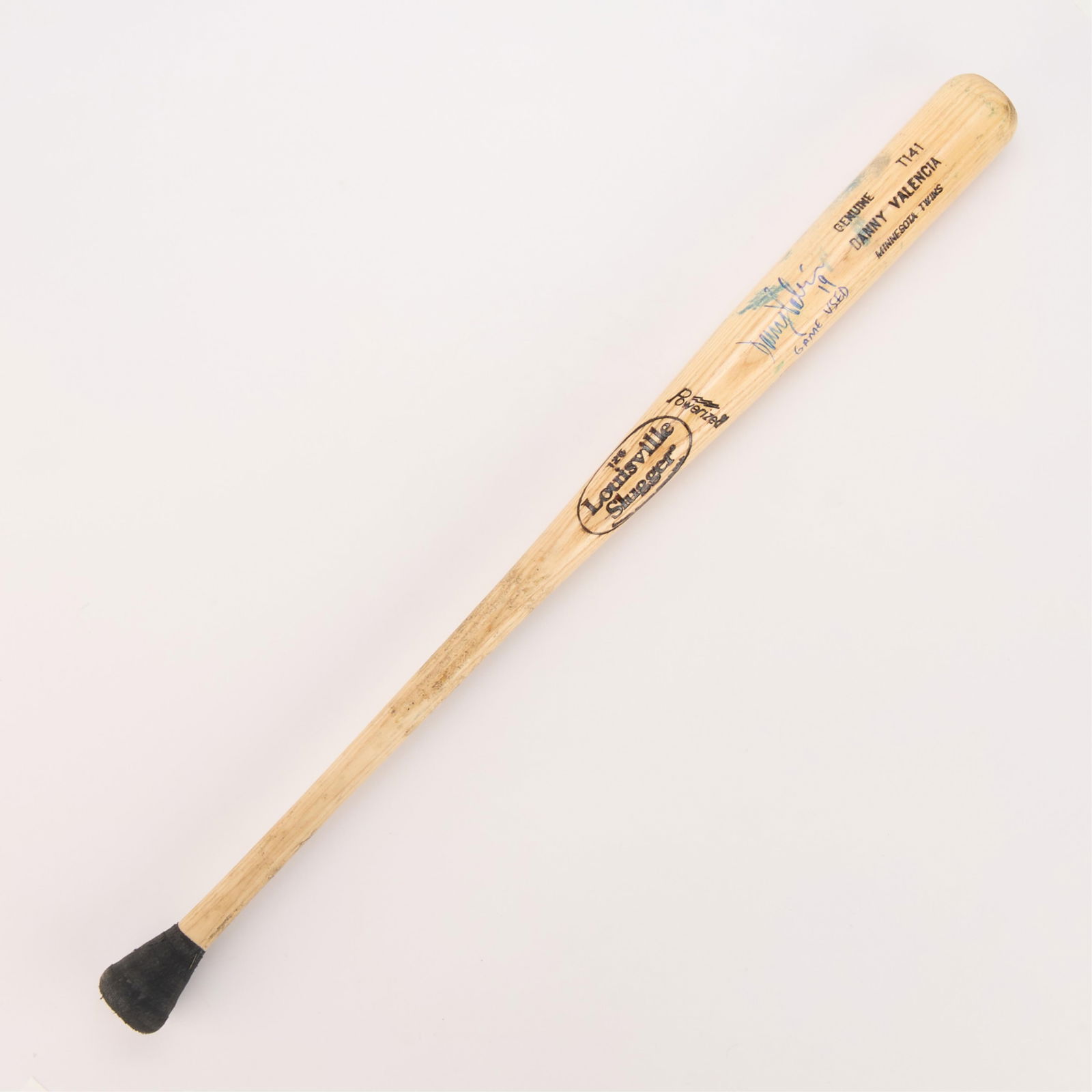 Danny Valencia Twins Game Used Bat Signed: Danny Valencia signed Minnesota Twins baseball bat. Game Used. Louisville Slugger Genuine T141. Length: 34 in x diameter: 2 1/2 in.
