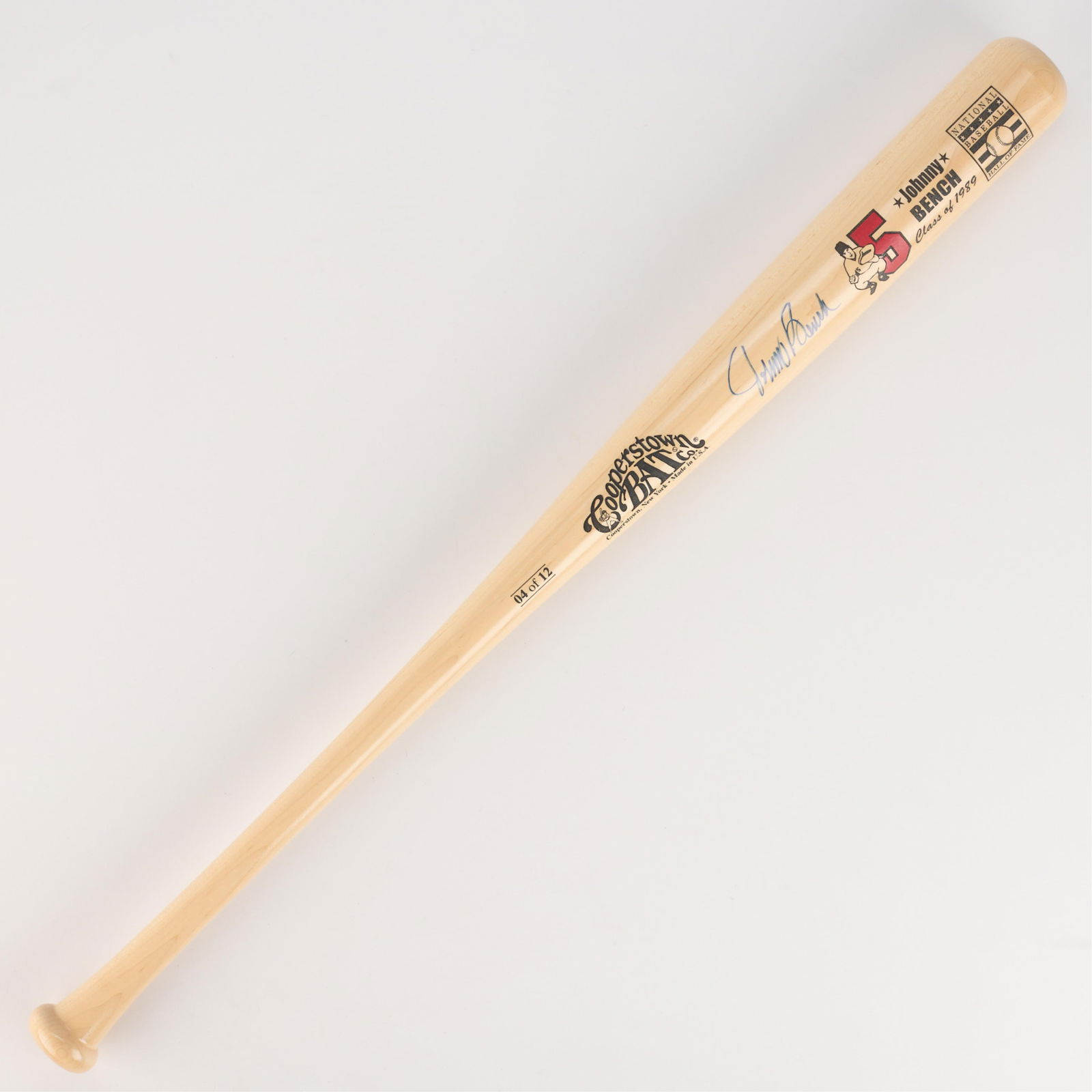 Johnny Bench Signed Cooperstown HOF 1989 Bat: Cooperstown Bat Co. signed in blue ink by Johnny Bench. Numbered 4/12. Hall of Fame class of 1989 commemorative bat. Bat length: 34 in.
