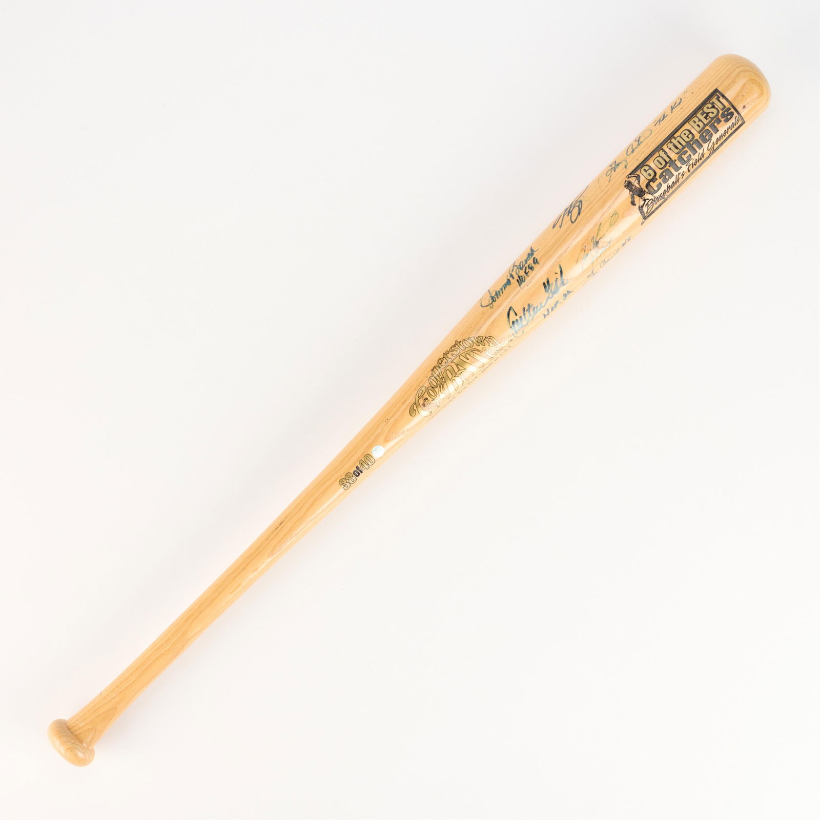 Signed Bat - Berra, Carter, Bench, Fisk, Rodriguez, Piazza: Cooperstown Bat Co., limited edition "6 of the Best Catchers" baseball bat signed in blue ink by Yogi Berra, Gary Carter, Johnny Bench, Carlton Fisk, Ivan Rodriguez, and Mike Piazza. Editioned 38/40.
