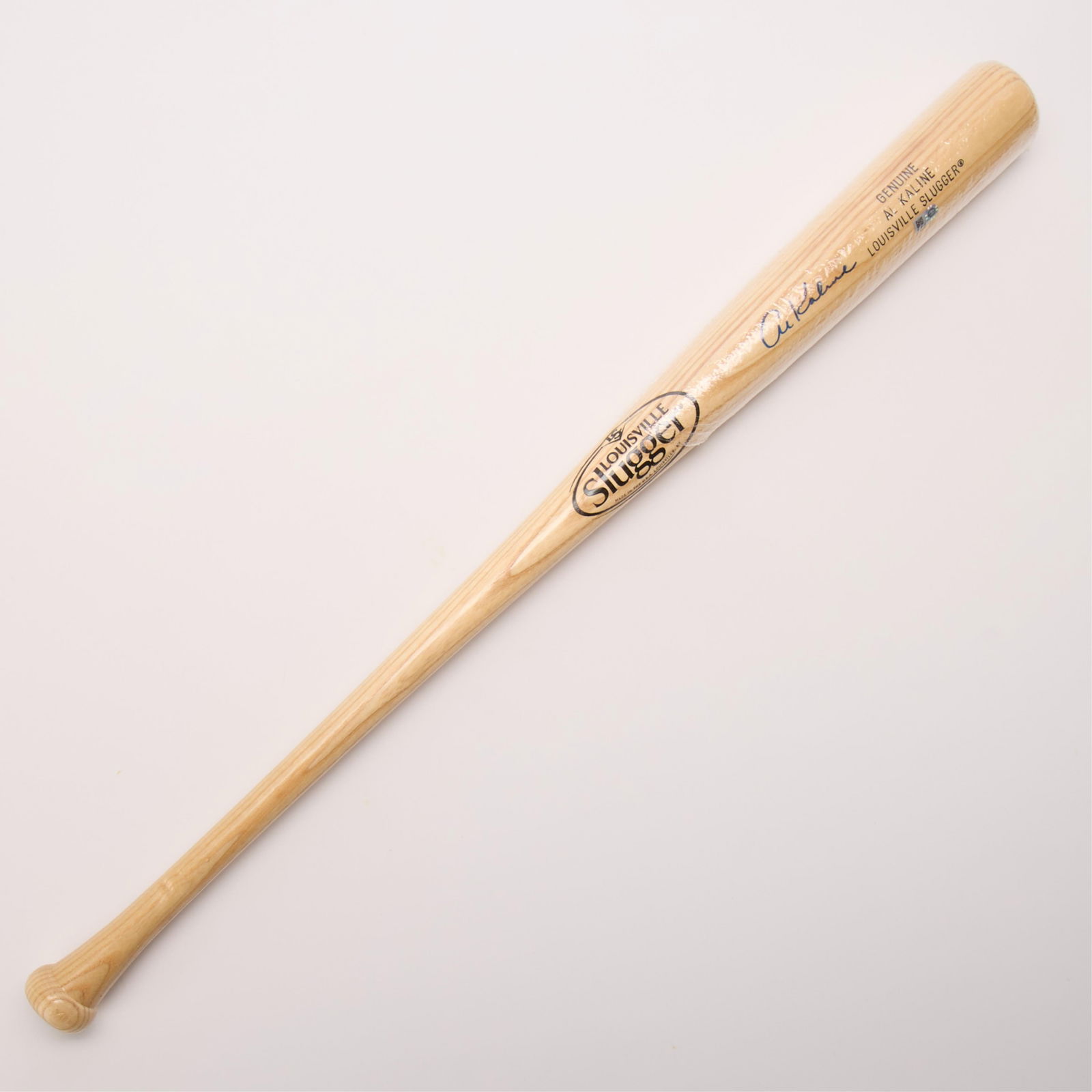 Framed Al Kaline Signed Bat in Case: Louisville Slugger signed in blue ink. In a Detroit Tigers branded baseball bat display case. MLB: HZ481410. (Case) height: 7 1/2 in x width: 39 1/4 in x depth: 4 3/4 in.