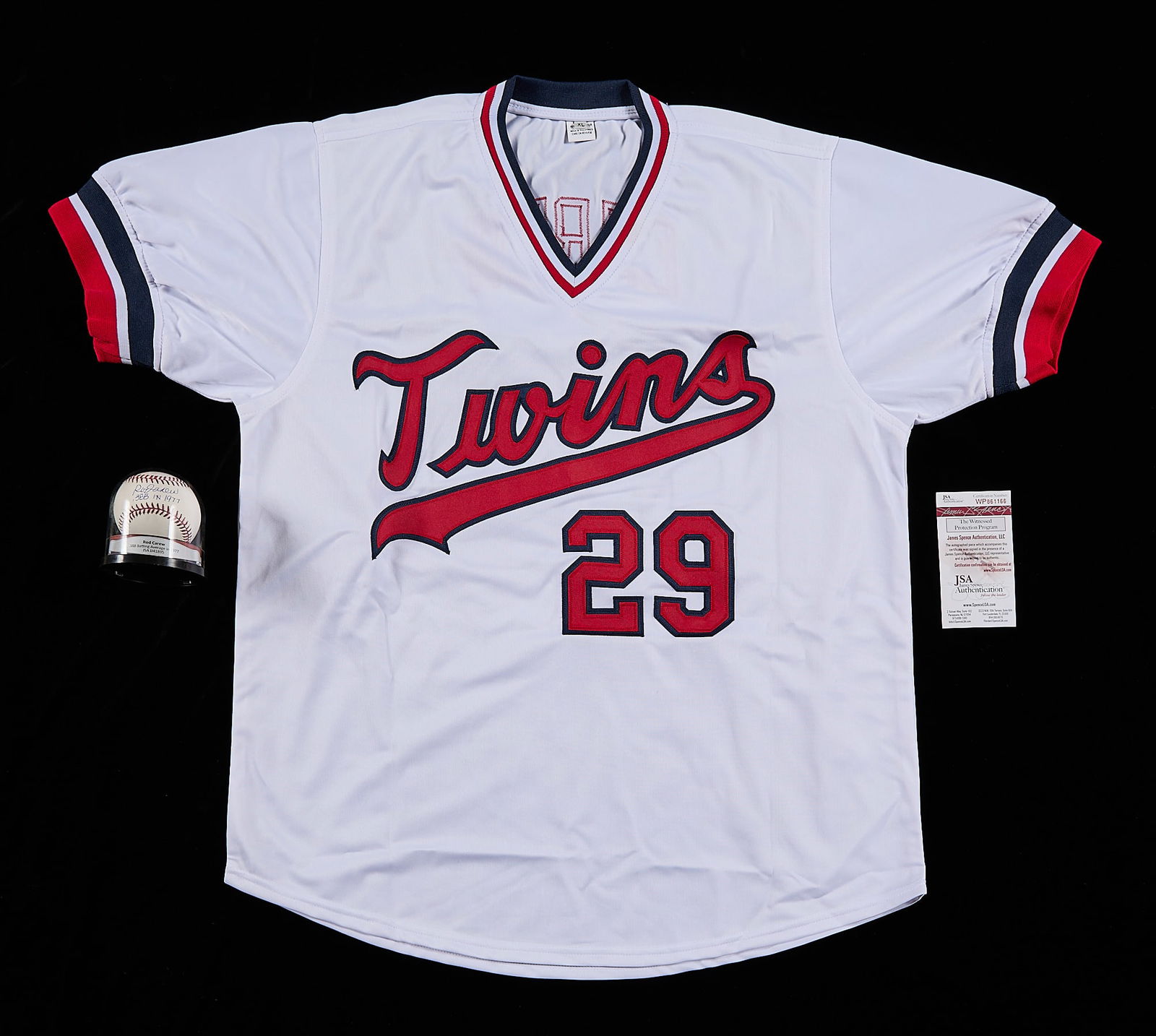 Rod Carew Signed Baseball & Jersey JSA: Rod Carew autographed baseball and jersey. Minnesota Twins #29 jersey signed in silver ink along the back number, JSA: WP861166. Autographed baseball signed in blue ink and inscribed ".388 in 1977,"