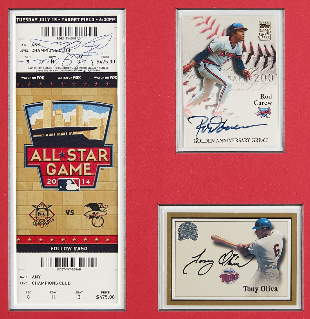 Rod Carew & Tony Oliva Signed Cards & Ticket: Rod Carew and Tony Oliva autographed cards and game ticket in frame. Ticket is for the 2014 All-Star Game. (Framed) height: 18 in x width: 15 1/2 in x depth: 1 in.