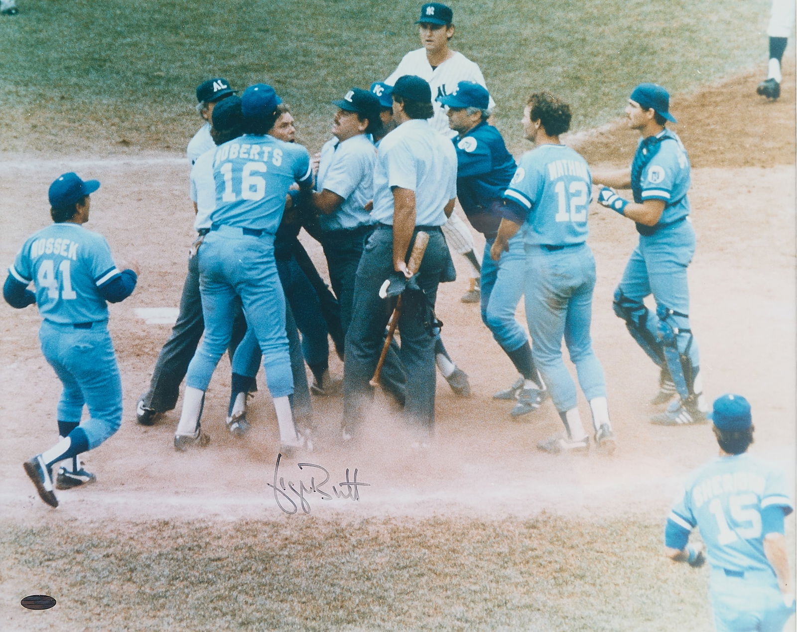 Signed George Brett "Pine Tar Incident" Photo: George Brett autographed color photograph depicting the "Pine Tar Incident" on July 24, 1983. Steiner label along the lower left. The signature is in the center of the photograph. Sight; height: 15