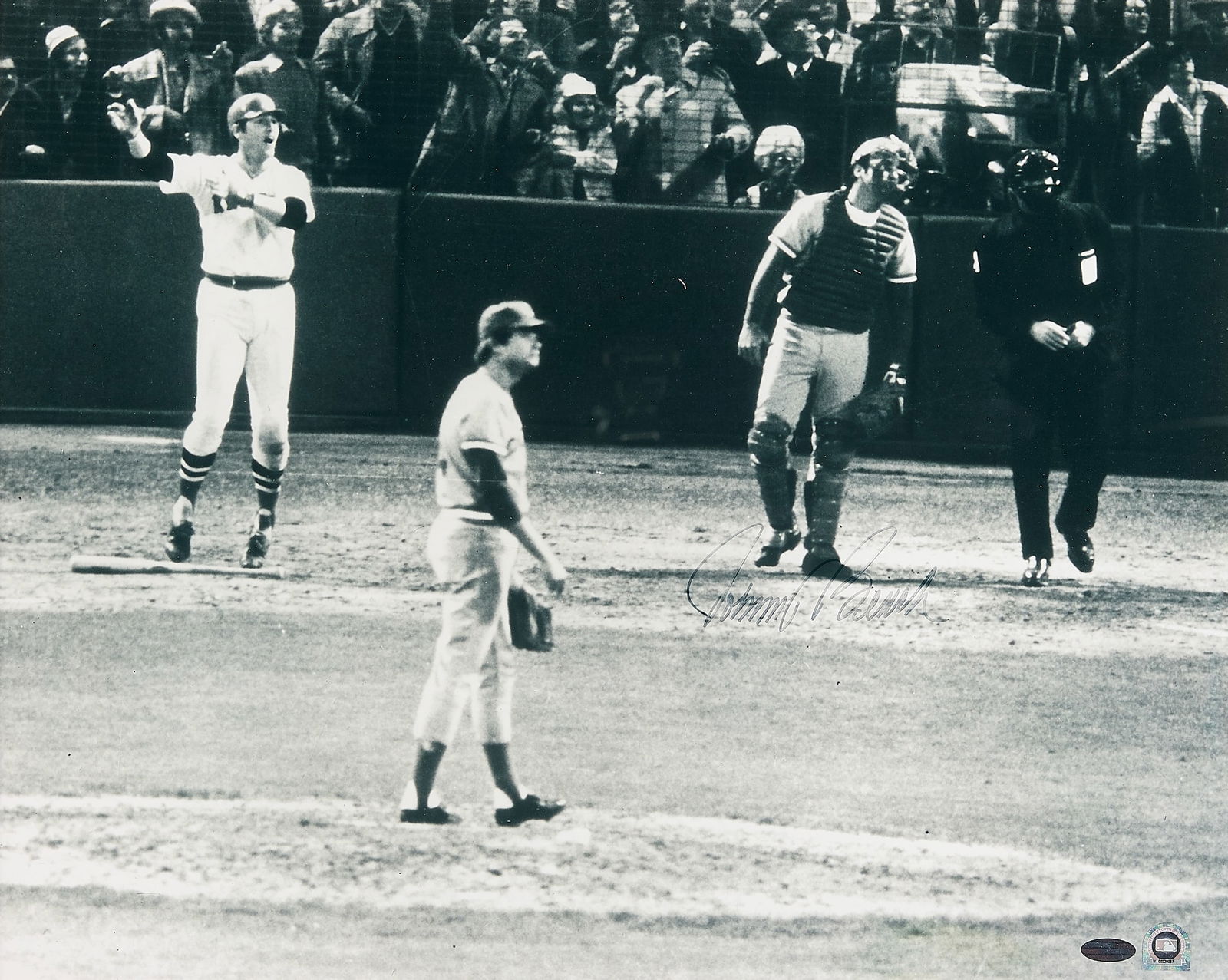Johnny Bench Autographed Photo: Johnny Bench autographed black and white photographs. Plaque reads "Carlton Fisk Game Winning Home Run Game 6 1975 World Series." MLB: MT00330087. Steiner certificate of authenticity along the verso