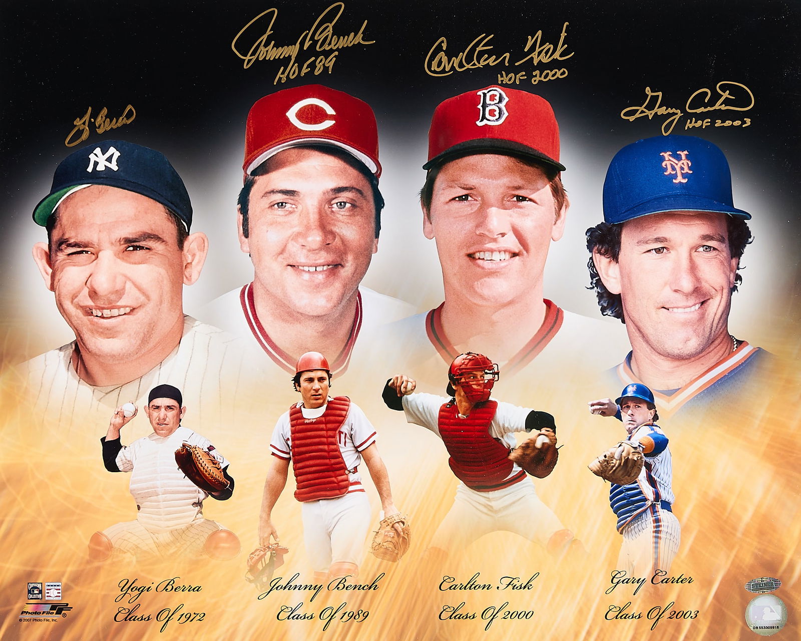 Baseball HOF Catchers Autographed Photo: Baseball Hall of Fame catchers autographed photograph. Signed by Yogi Berra, Johnny Bench, Carlton Fisk, and Gary Carter. Steiner label. MLB: DB553309916. Sight; height: 15 1/2 in x width: 19 1/2 in.