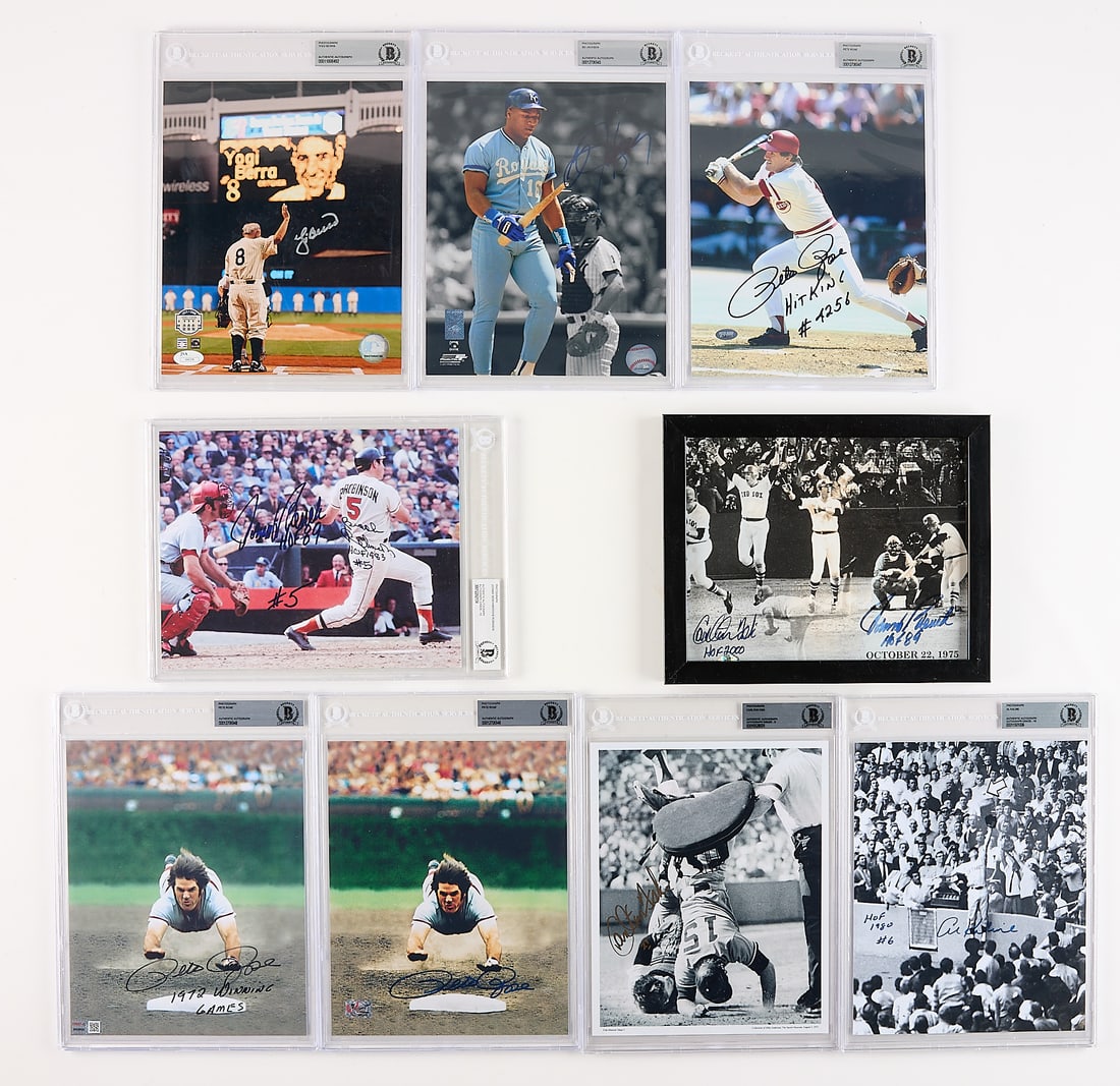 Signed Photos Incl. Kaline, Rose, Berra, Bench: Group of autographed photographs of baseball players including: Framed photograph signed by Carlton Fisk and Johnny Bench (St. Louis Sports Collectors 11893). Carlton Fisk signed photograph (BAS: