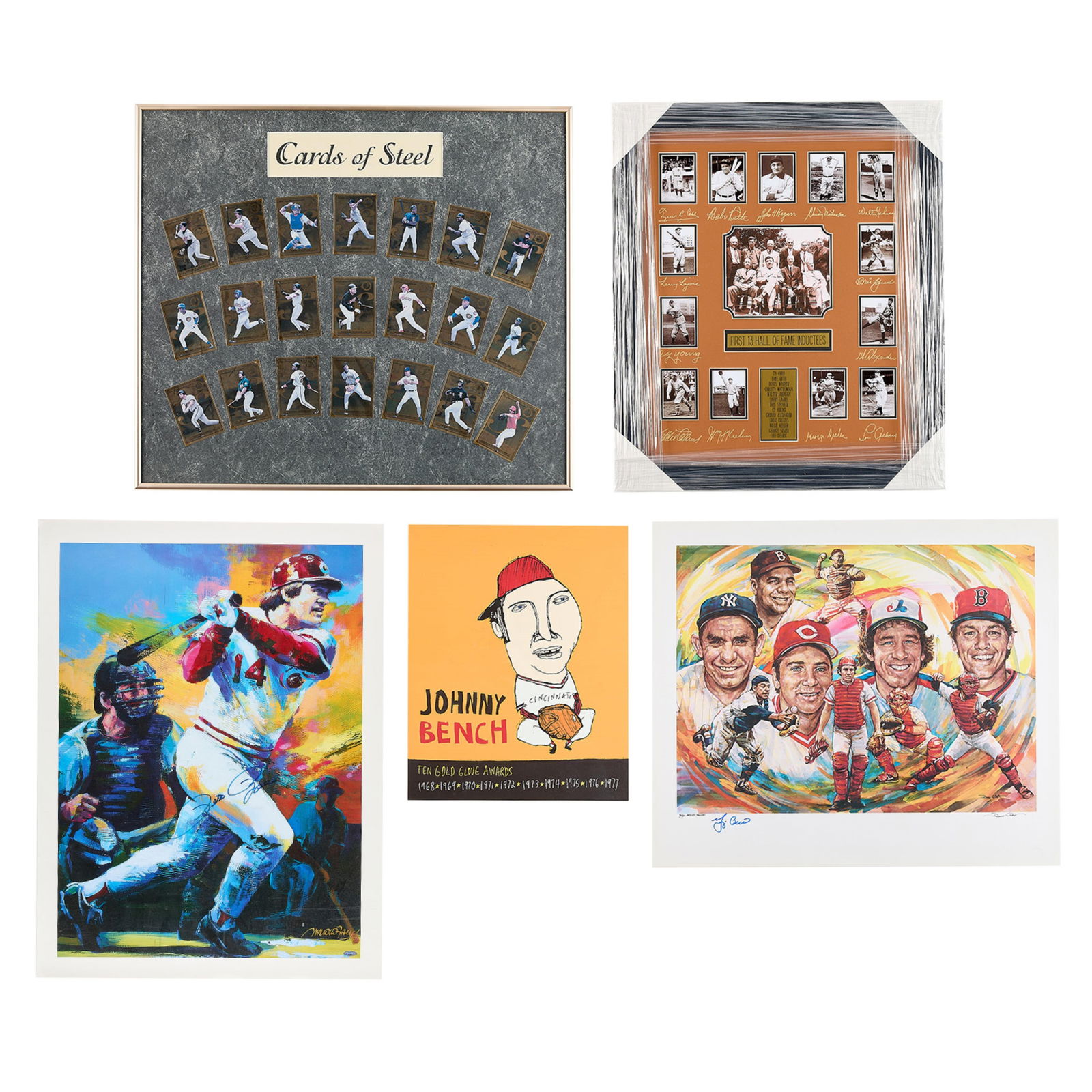 5 Baseball Themed Prints, Artworks, or Collages: Group of five artworks or photographs. Including: Framed collage of the first thirteen Baseball Hall of Fame inductees. Cards of Steel collage. Pete Rose autographed poster. Yogi Berra autographed