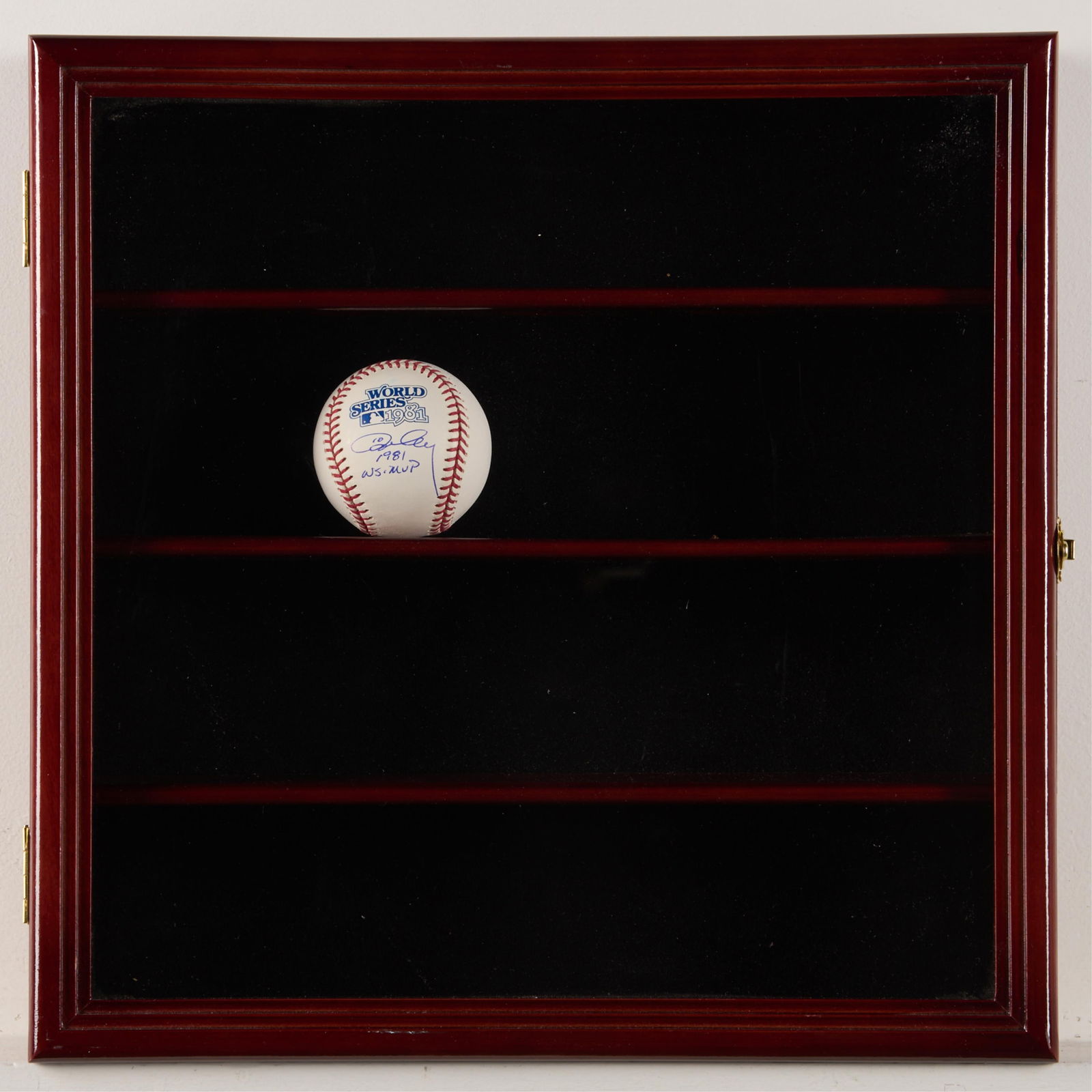 Baseball Display Shadowbox: Wall-mounted shadowbox display for twenty baseballs. Baseball pictured is NOT included in the lot and is for display purposes only. Height: 16 1/4 in x width: 16 1/4 in x depth: 4 in.