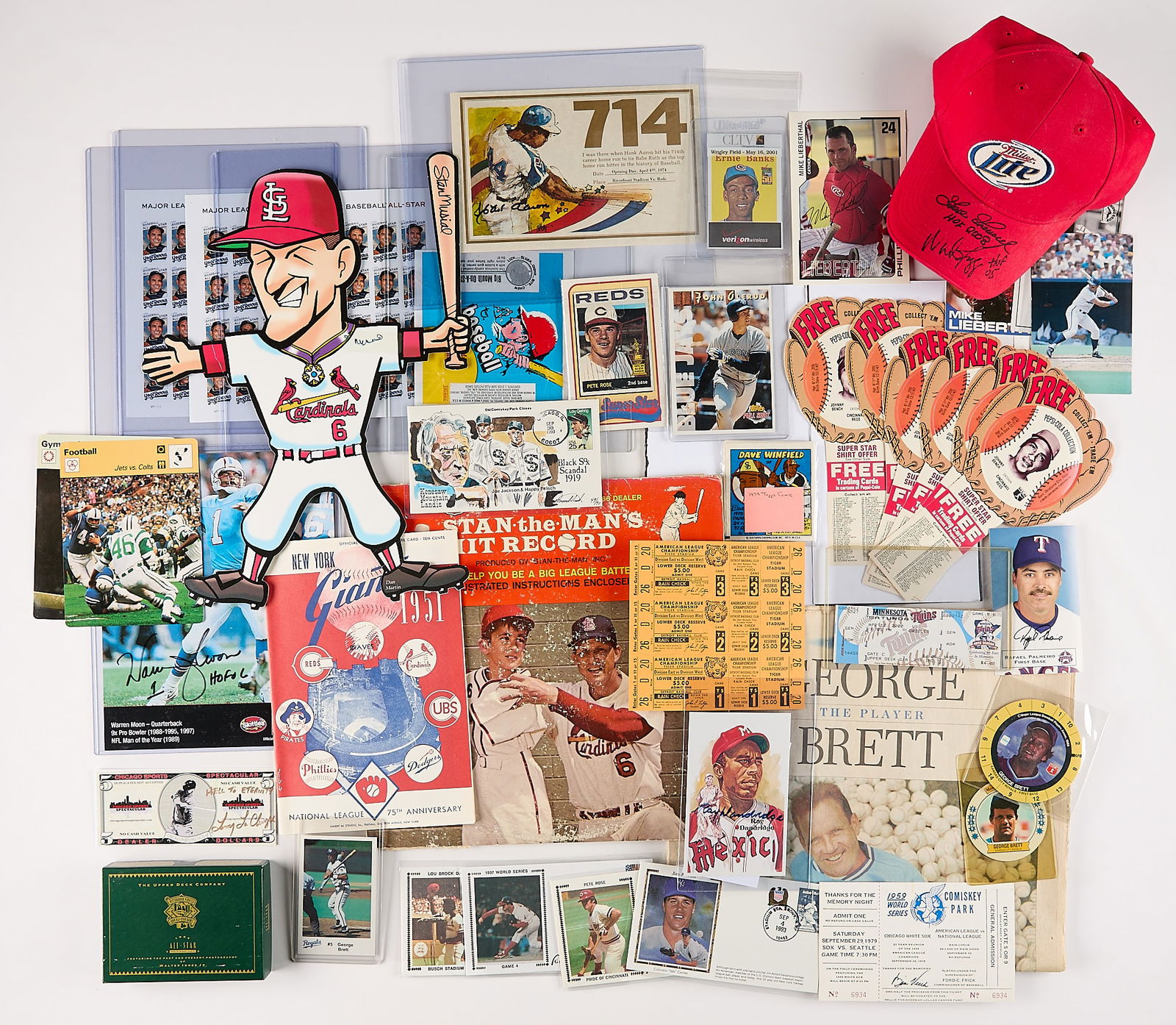 Assorted Baseball Ephemera Incl. Musial, Bench: Group of baseball related ephemera including an autographed Stan Musial cut-out, an autographed Miller Lite hat, various cards, a 1994 Upper Deck All Star commemorative album, game tickets, postal