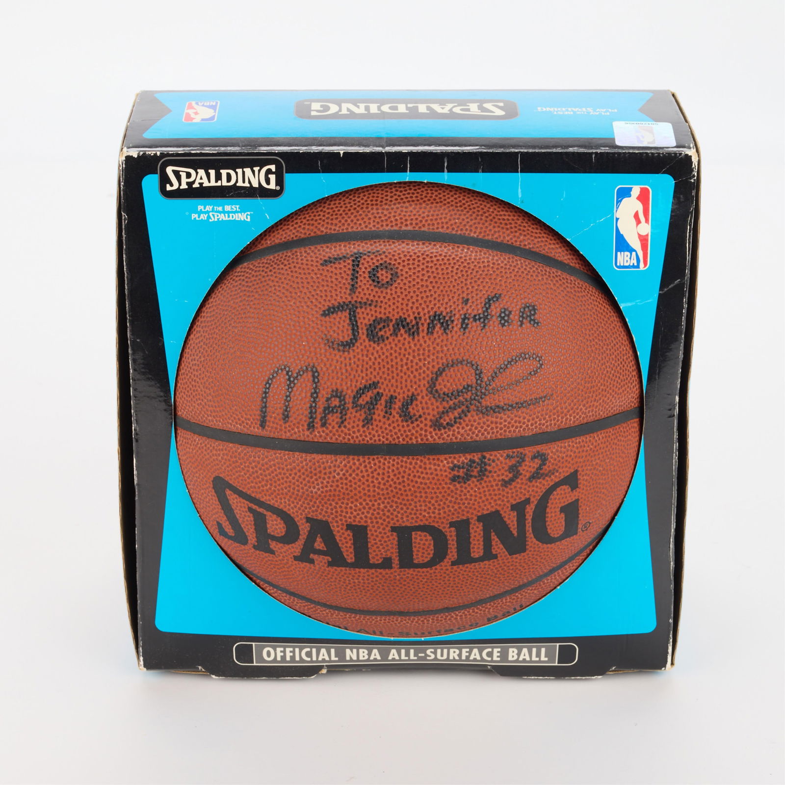 Magic Johnson Lakers Basketball Signed: Magic Johnson signed basketball. Personalized "To Jennifer". NBA hologram sticker 504260356. (In Box) height: 9 3/4 in x width: 9 1/2 in x depth: 9 3/4 in.