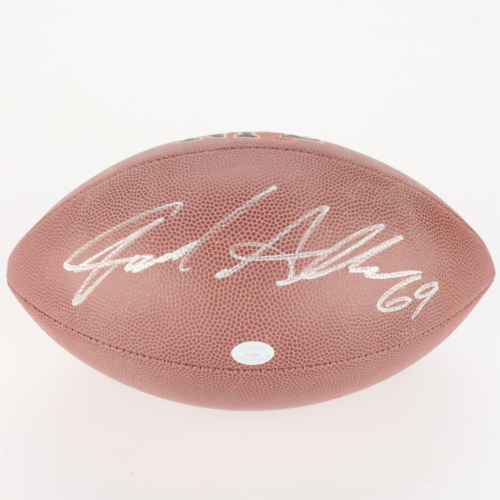 Jared Allen Vikings Football Signed: Jared Allen signed Minnesota Vikings football. NFL hologram sticker LF054552697 on box. "Authentic Memorabilia" hologram sticker on ball 77800. With Certificate of Authenticity.(Box) height: 11 1/2 in