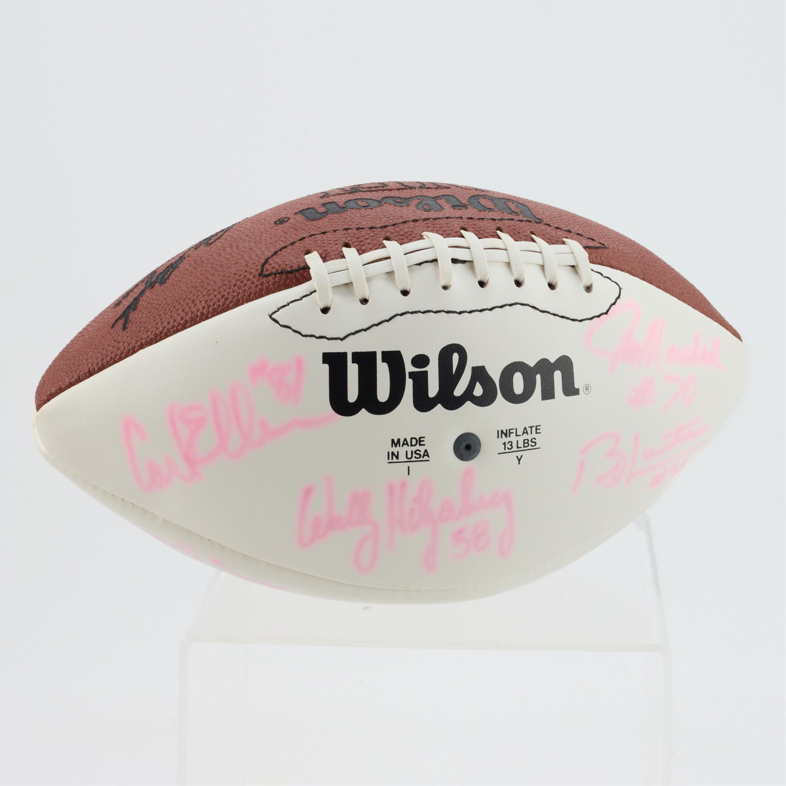 Autographed MN Vikings HOF Football: Autographed Minnesota Vikings football. Signed by Bud Grant, Paul Krause, Jim Marshall, Carl Eller, Mick Tinglehoff, Bill "Boom Boom" Brown, Dave Osborn, Wally Hilgenberg, Chuck Foreman, Bob Lurtsema,