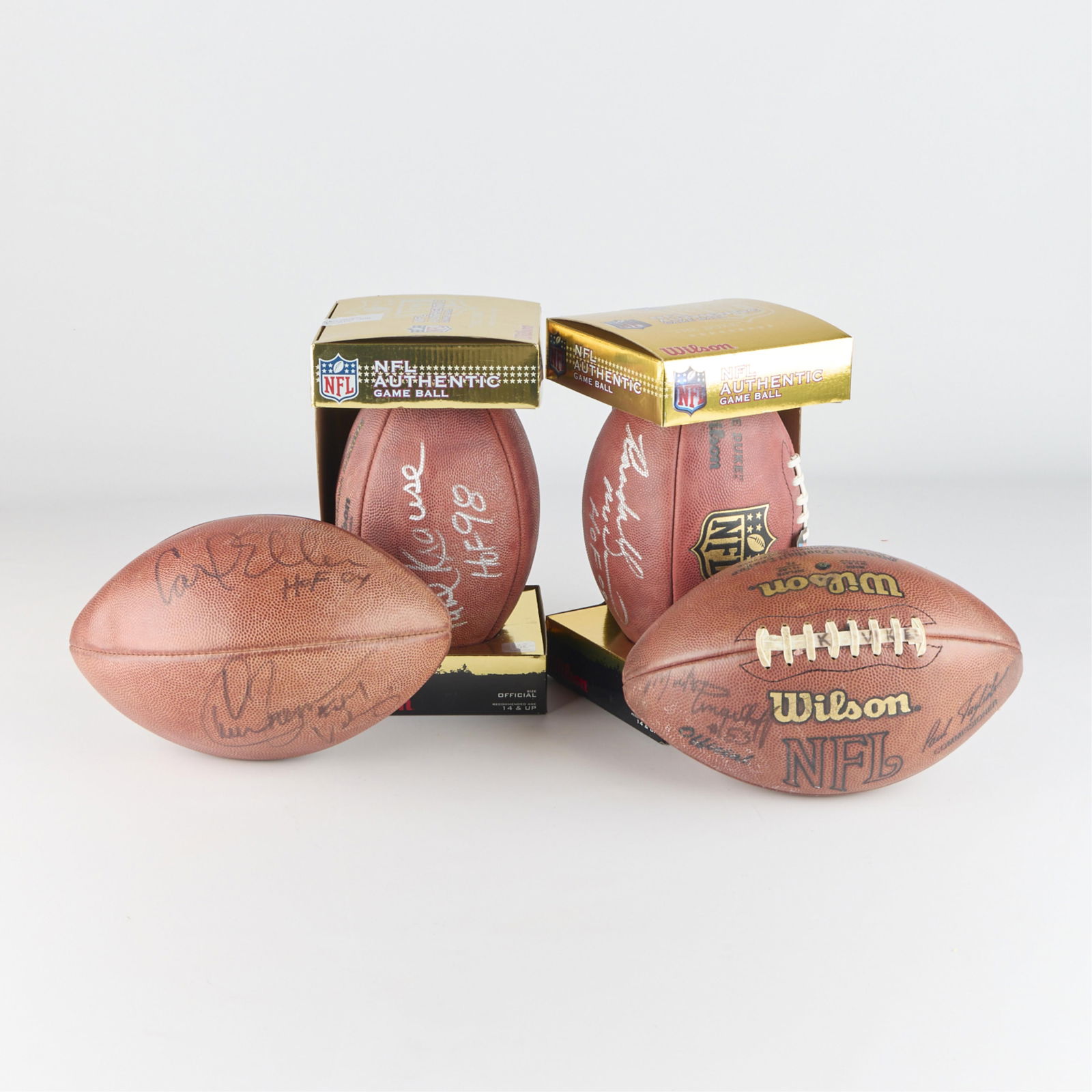 4 Signed MN Vikings Footballs: Signed by the following: Randall McDaniel signed Minnesota Vikings Wilson "The Duke" football, NFL-PSA-DNA sticker on ball N65424, NFL hologram sticker on box LF308178982; Paul Krause signed Minnesota