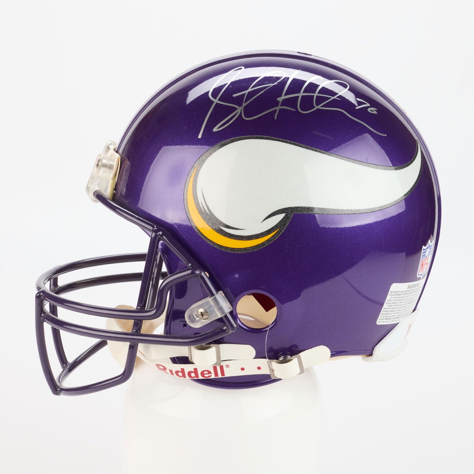 Steve Hutchinson Vikings Helmet Signed: Steve Hutchinson full-sized Minnesota Vikings signed helmet. Riddell size large On Field pro line helmet. NLF-PSA-DNA certificate of authenticity 1N39481, with sticker and certificate. NFL hologram st