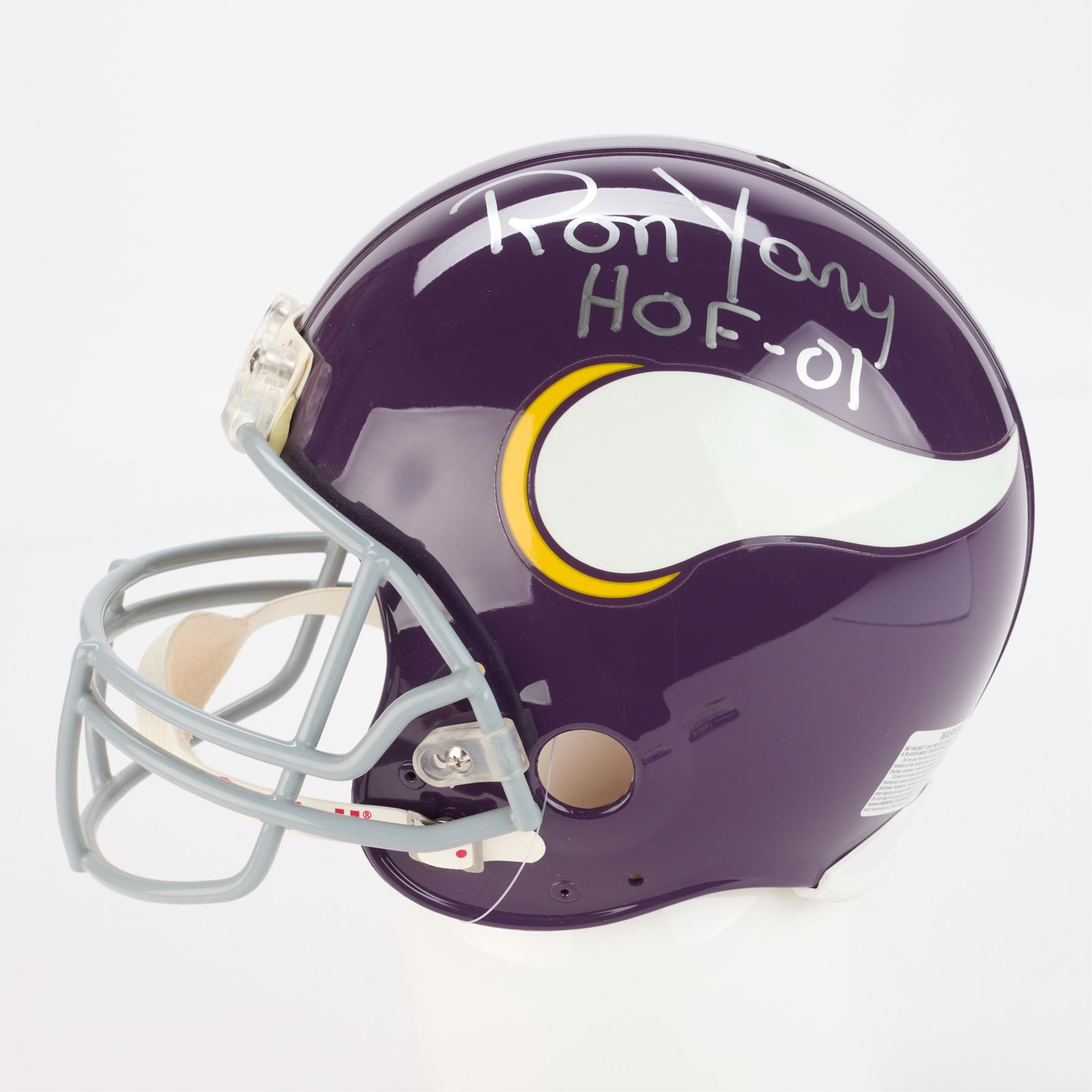 Ron Yary Vikings Helmet Signed: Ron Yary signed Minnesota Vikings full-sized football helmet. Additionally inscribed "HOF '01." Riddell On Field pro line helmet. With NFL-PSA-DNA certificate of authenticity and sticker on back of he