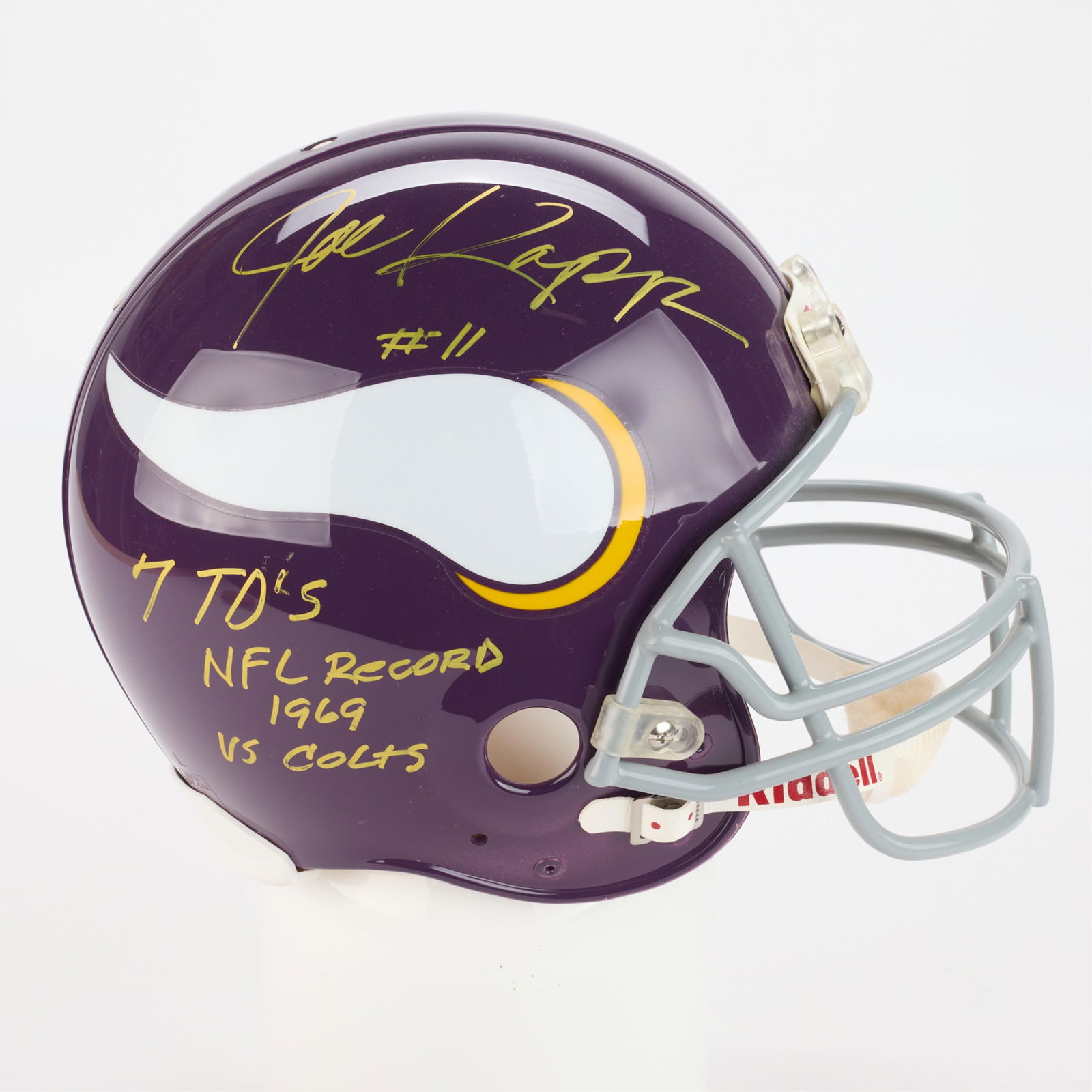 Joe Kapp Vikings Helmet Signed: Joe Kapp signed Minnesota Vikings full-sized football helmet. Riddell Pro Line helmet. Signed with #11 in gold ink; includes handwritten career stats such as "40 for 60" and "7 TD's NFL Record 1969 vs