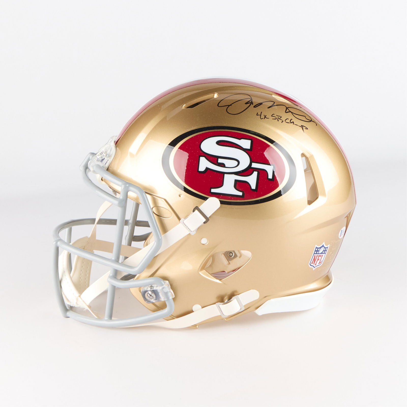 Joe Montana Signed '49ers Helmet BAS: Joe Montana autographed authentic full size San Francisco '49ers football helmet. Signed in black ink on May 3, 2019. BAS: N74154. In a glass and mirror case. (Case) height: 12 1/2 in x width: 17 3/4