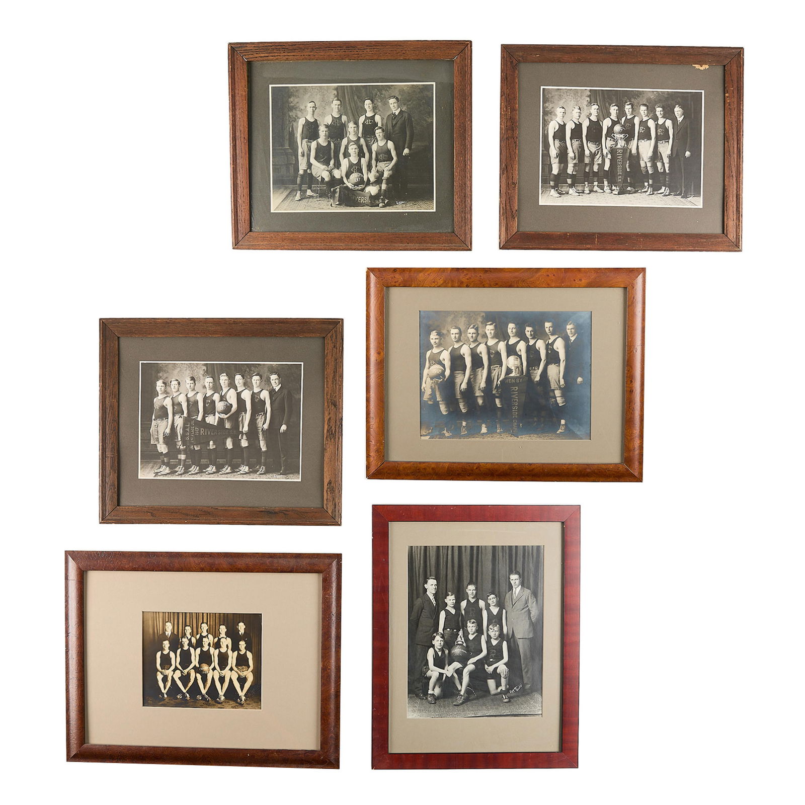 6 Antique Basketball Team Championship Photographs: Group of six antique photographs depicting members of the championship basketball teams, dating to the first half of the 20th century. (Shipping dimensions) Height: 20 3/4 in x width: 22 in x depth: