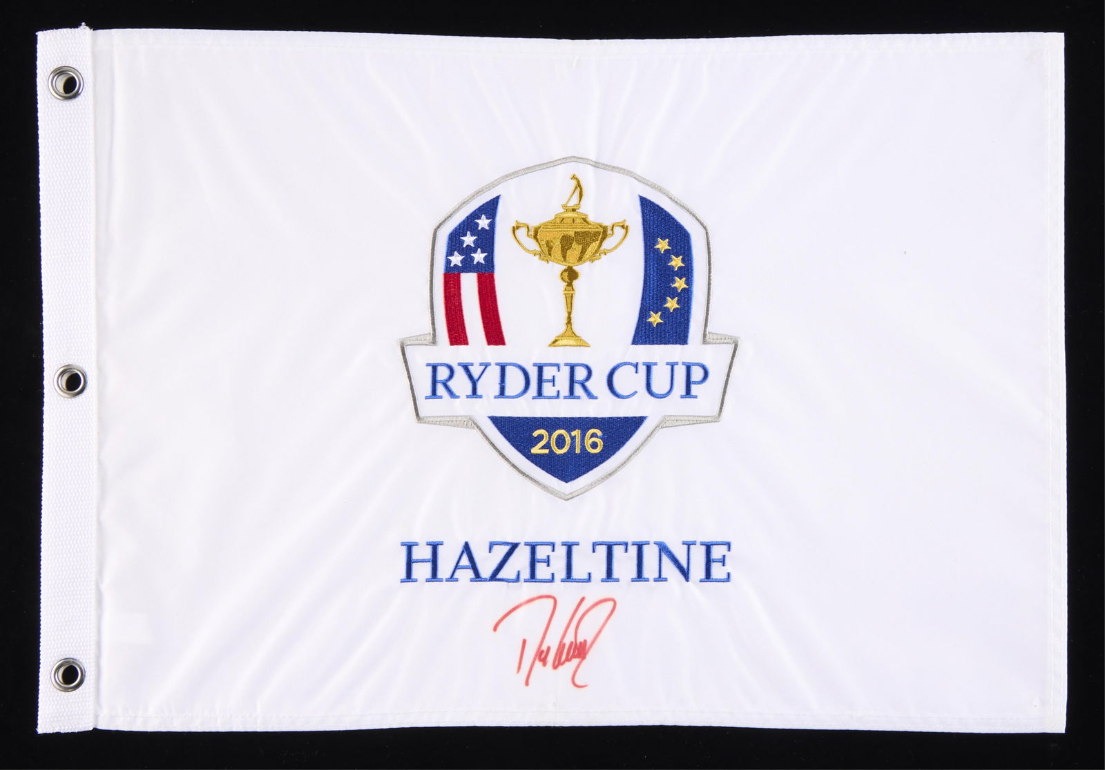 Davis Love III Autographed Ryder Cup Flag: Davis Love III autographed 2016 Ryder Cup flag. Signed in red ink. With a letter of authenticity from Beckett: A32998. Height: 14 in x width: 20 in.