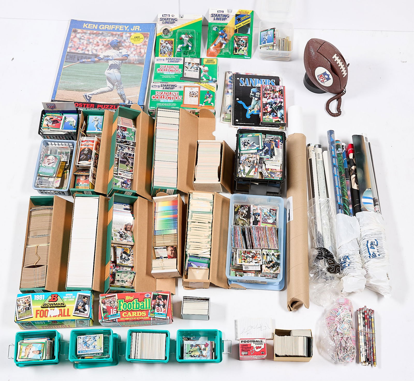 Lrg Collection NFL & MLB Sports Memorabilia: Large collection of assorted NFL and MLB sports memorabilia, primarily related to Detroit Lions running back Barry Sanders and Mariners outfielder Ken Griffey Jr. Including: trading cards, Detroit